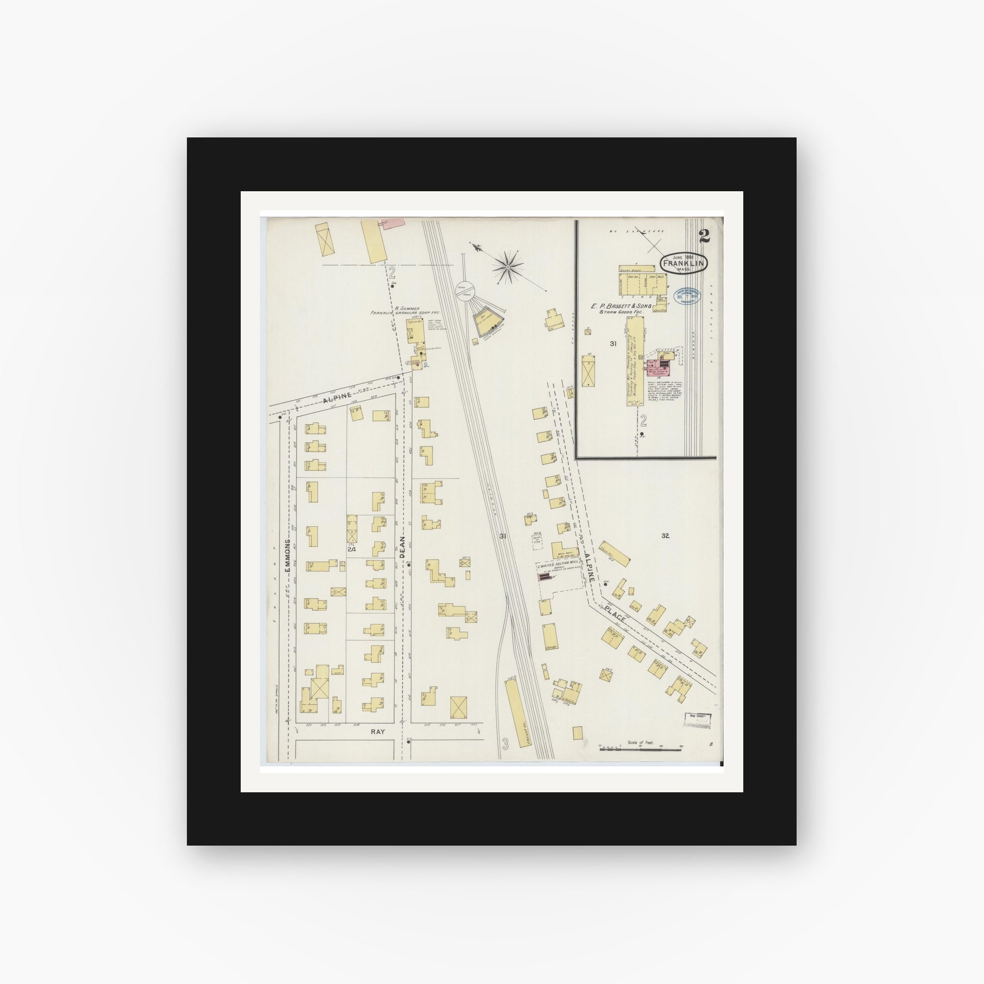 Old map wall art mockup — black gallery frame with white mat — Sanborn Fire Insurance Map from Franklin, Norfolk County, Massachusetts (1894), Sheet #0002