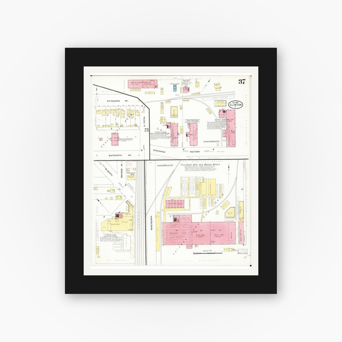 Old map wall art mockup — black gallery frame with white mat — Sanborn Fire Insurance Map from Clinton, Clinton County, Iowa (1909), Sheet #0037