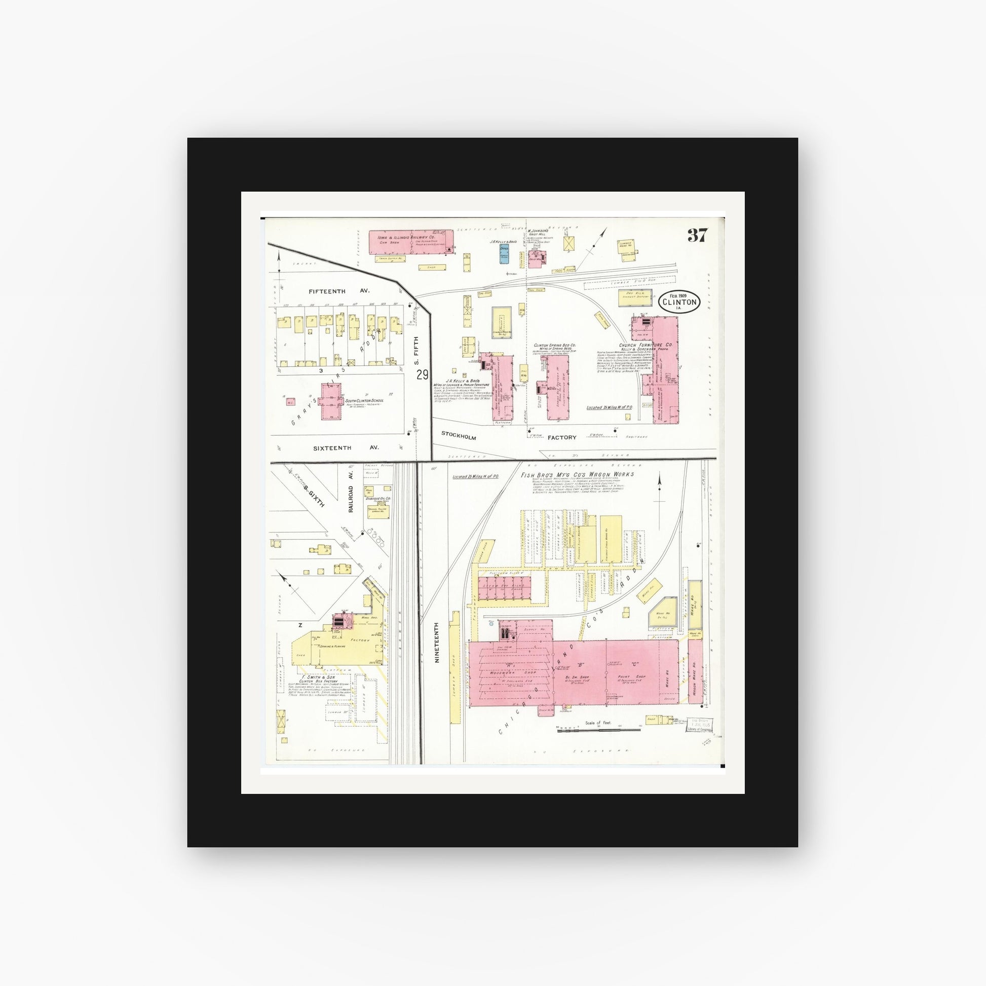 Old map wall art mockup — black gallery frame with white mat — Sanborn Fire Insurance Map from Clinton, Clinton County, Iowa (1909), Sheet #0037