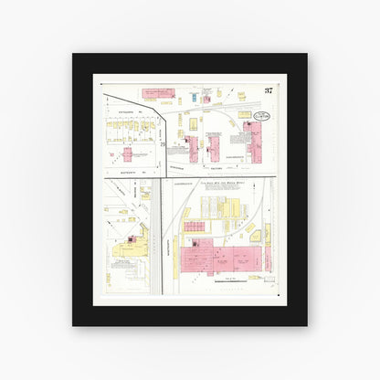Old map wall art mockup — black gallery frame with white mat — Sanborn Fire Insurance Map from Clinton, Clinton County, Iowa (1909), Sheet #0037