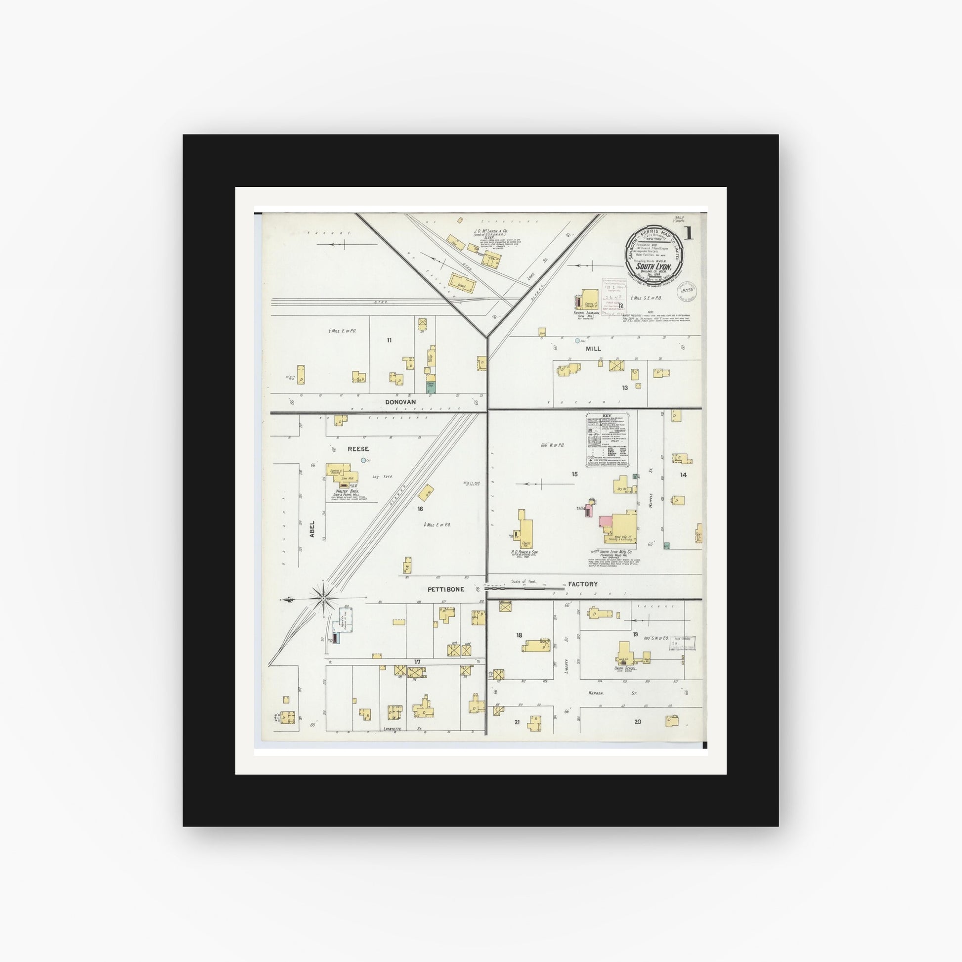 Old map wall art mockup — black gallery frame with white mat — Sanborn Fire Insurance Map from South Lyon, Oakland County, Michigan (1899) - Complete Map Set