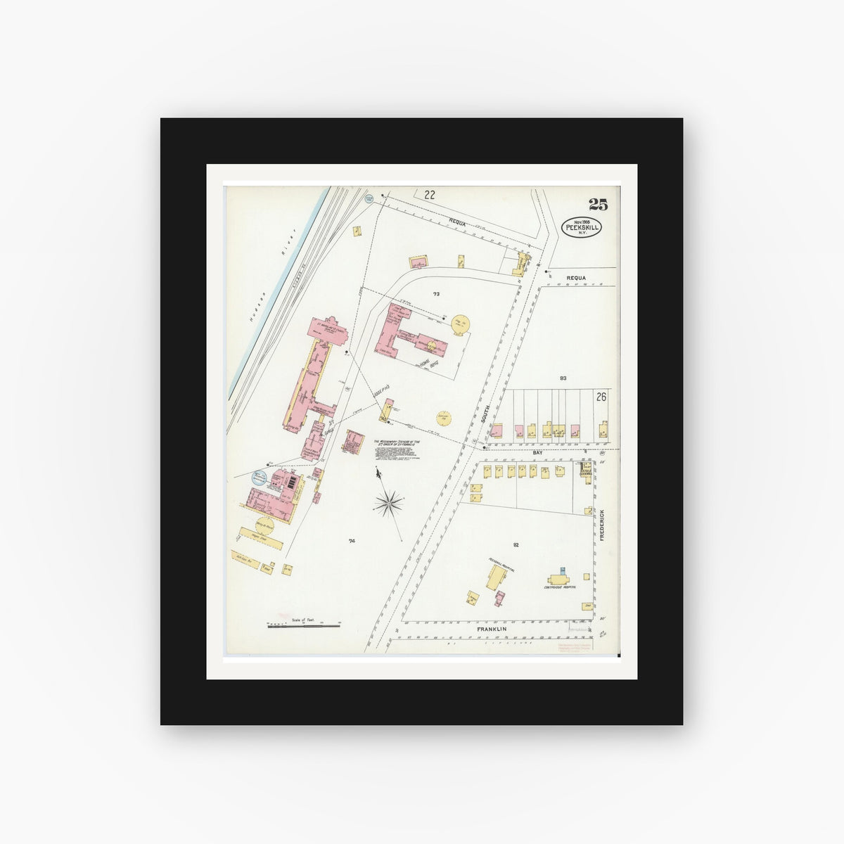 Old map wall art mockup — black gallery frame with white mat — Sanborn Fire Insurance Map from Peekskill, Westchester County, New York (1905), Sheet #0025