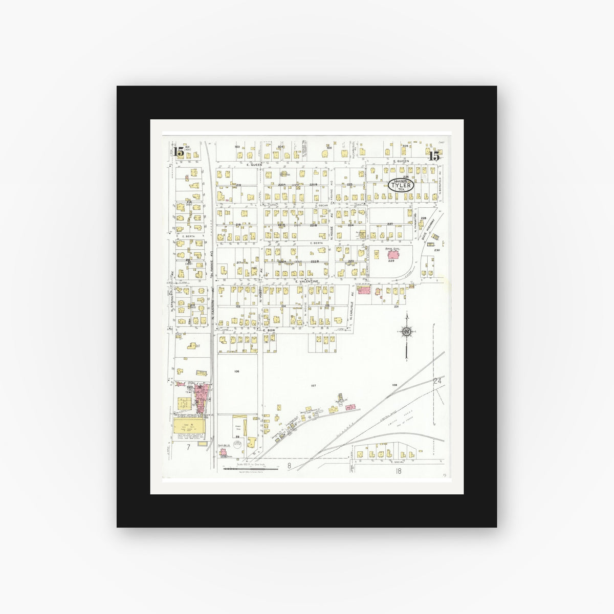 Old map wall art mockup — black gallery frame with white mat — Sanborn Fire Insurance Map from Tyler, Smith County, Texas (1928), Sheet #0015