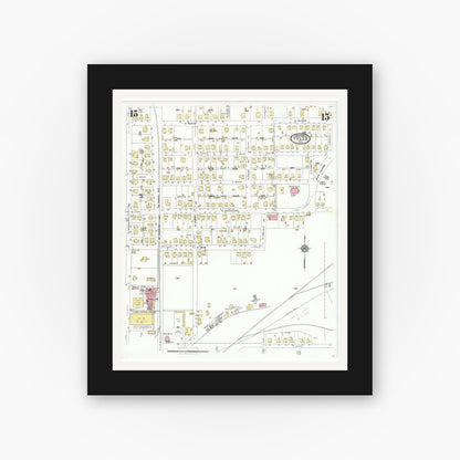 Old map wall art mockup — black gallery frame with white mat — Sanborn Fire Insurance Map from Tyler, Smith County, Texas (1928), Sheet #0015