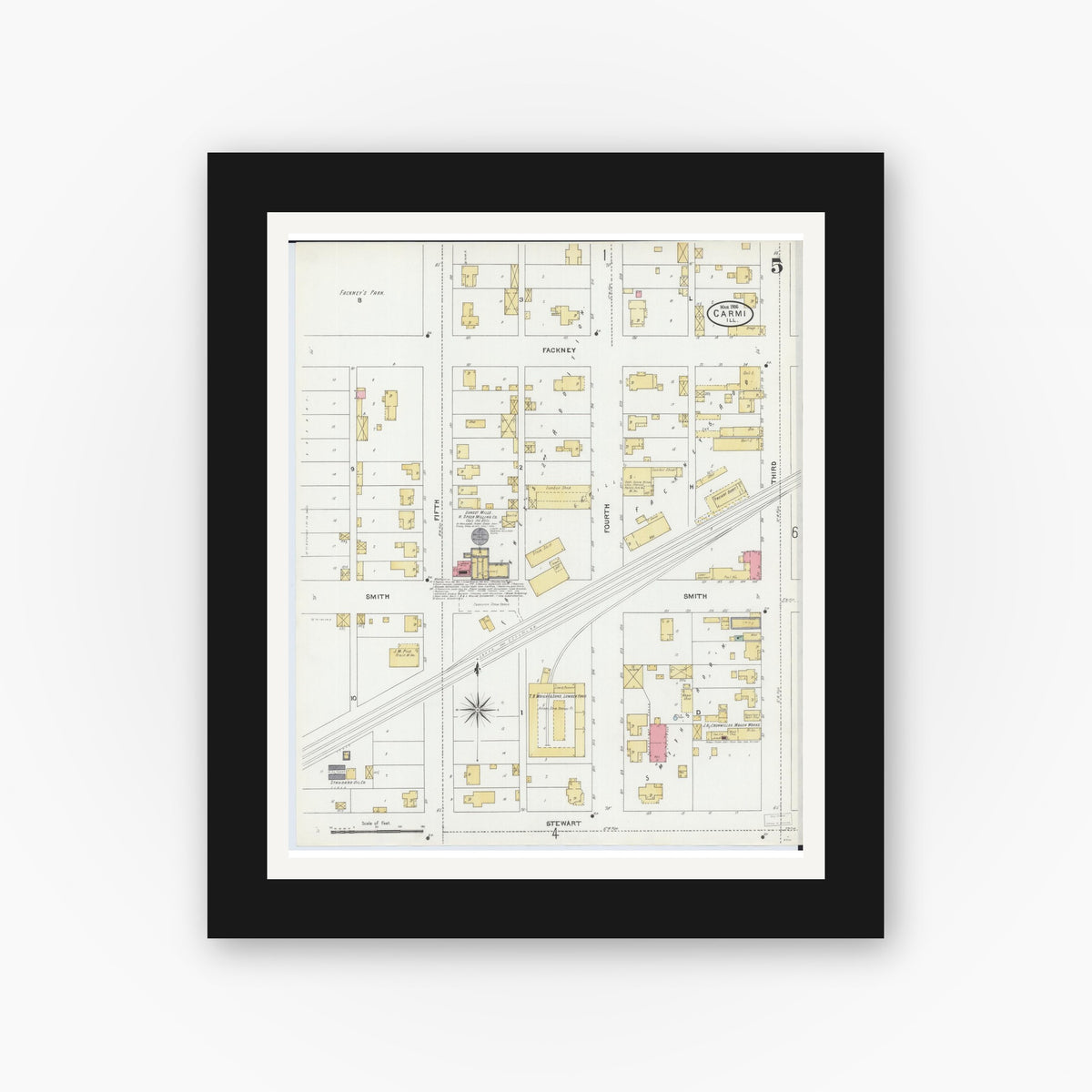 Old map wall art mockup — black gallery frame with white mat — Sanborn Fire Insurance Map from Carmi, White County, Illinois (1906), Sheet #0005