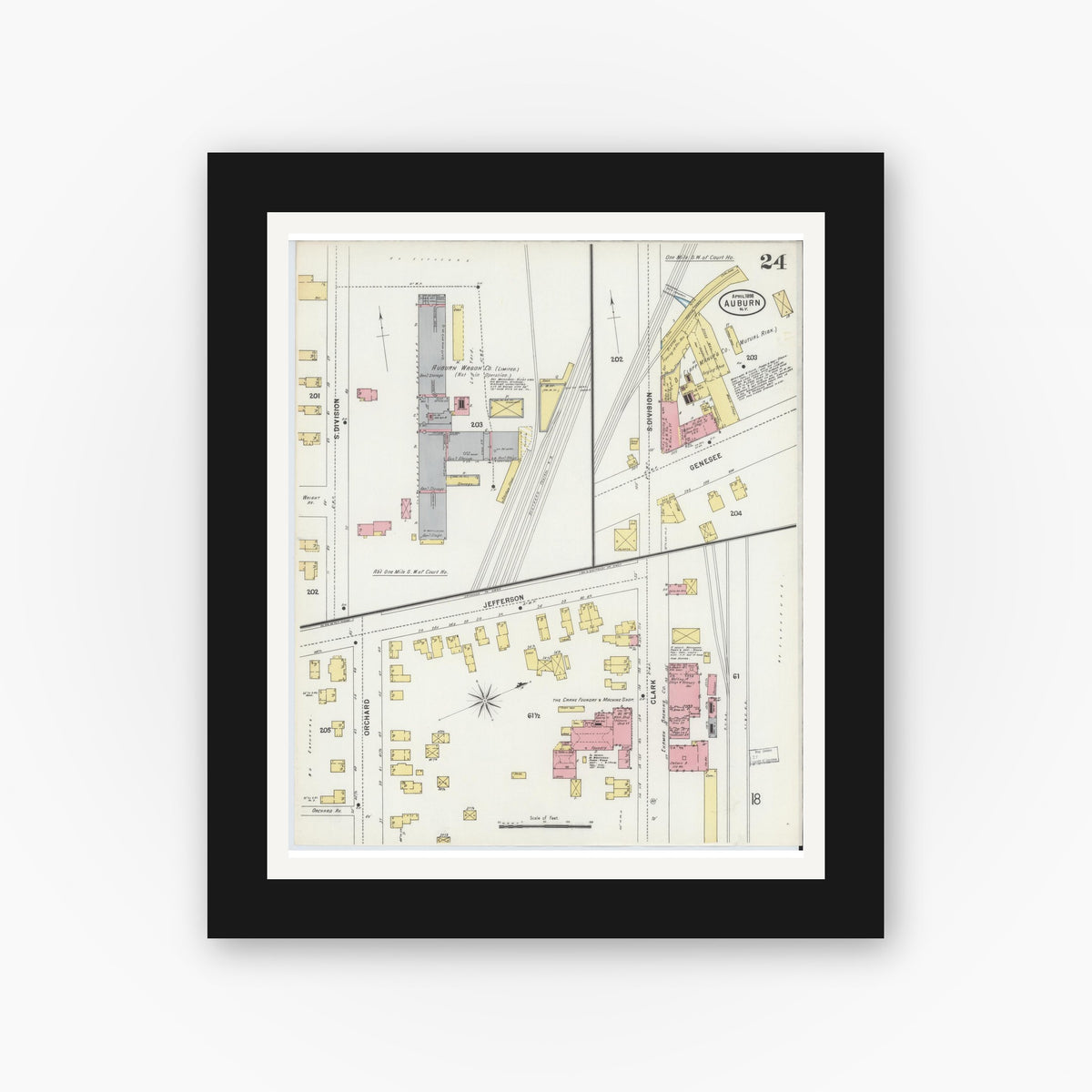 Old map wall art mockup — black gallery frame with white mat — Sanborn Fire Insurance Map from Auburn, Cayuga County, New York (1898), Sheet #0024