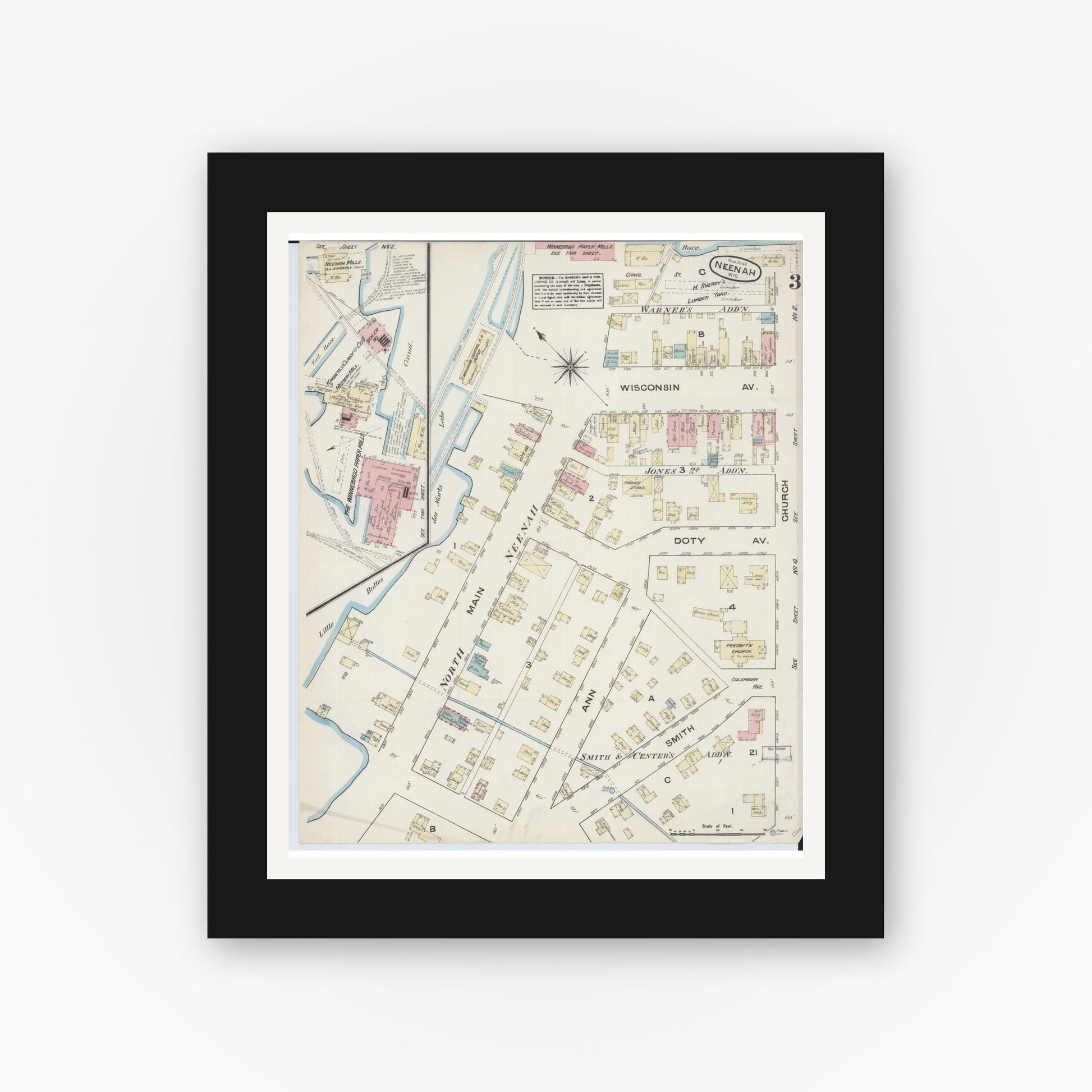 Old map wall art mockup — black gallery frame with white mat — Sanborn Fire Insurance Map from Neenah, Winnebago County, Wisconsin (1884), Sheet #0003