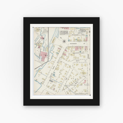 Old map wall art mockup — black gallery frame with white mat — Sanborn Fire Insurance Map from Neenah, Winnebago County, Wisconsin (1884), Sheet #0003