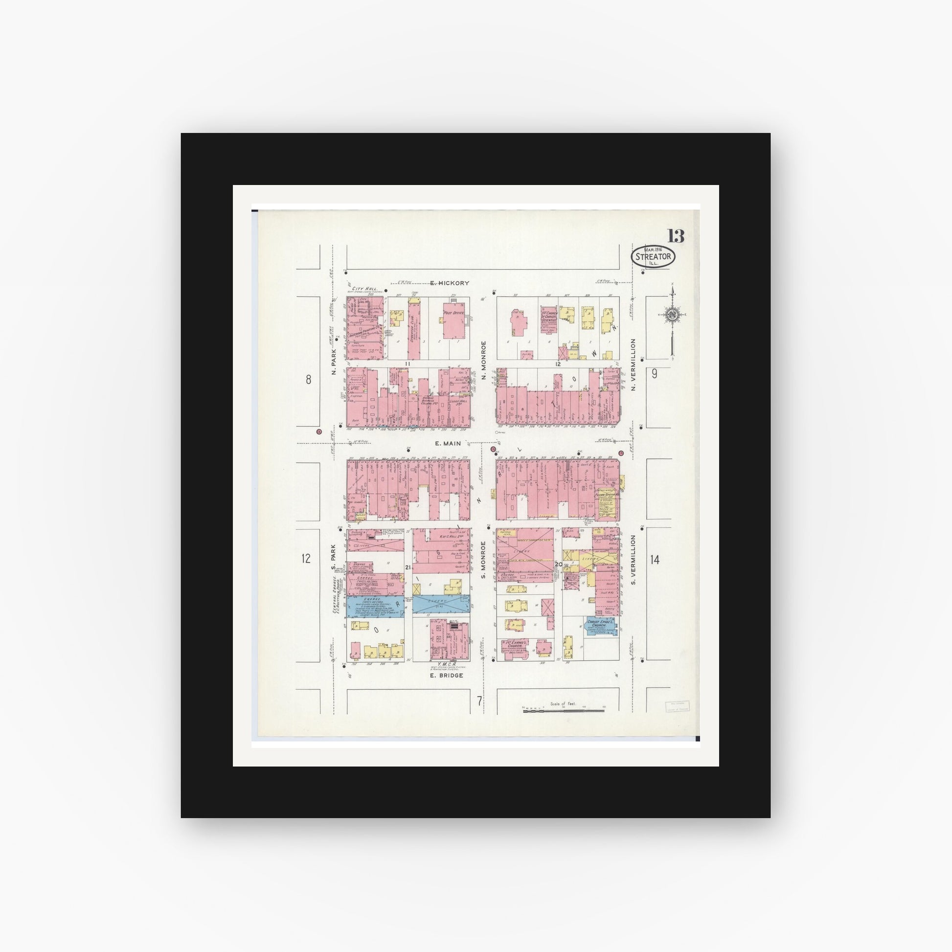 Old map wall art mockup — black gallery frame with white mat — Sanborn Fire Insurance Map from Streator, La Salle County, Illinois (1916), Sheet #0013