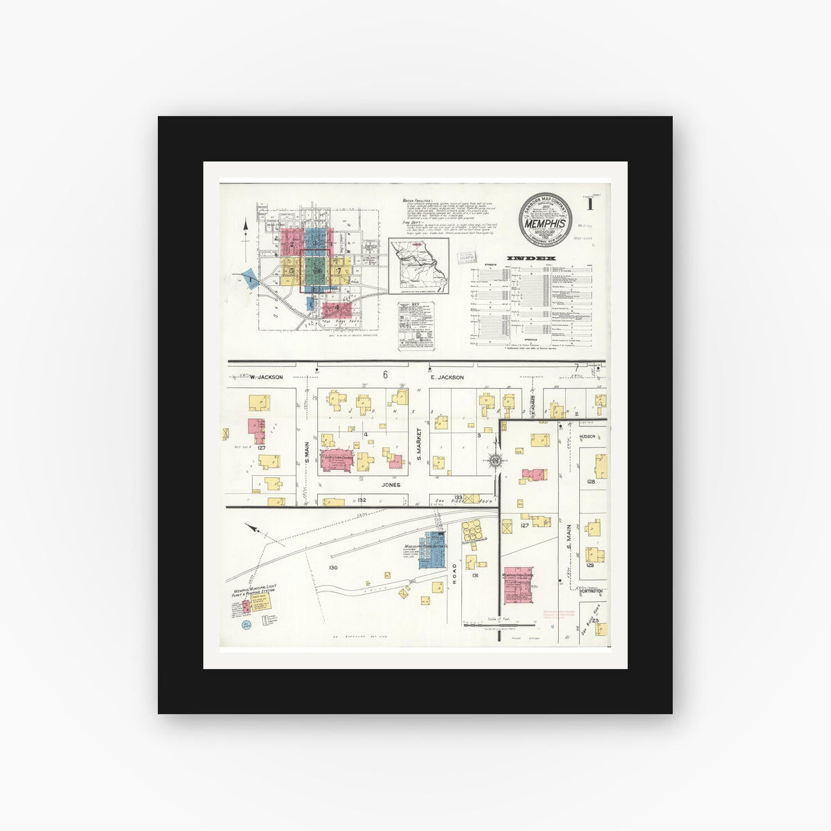 Old map wall art mockup — black gallery frame with white mat — Sanborn Fire Insurance Map from Memphis, Scotland County, Missouri (1921), Sheet #0001