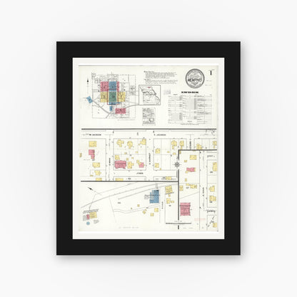 Old map wall art mockup — black gallery frame with white mat — Sanborn Fire Insurance Map from Memphis, Scotland County, Missouri (1921), Sheet #0001