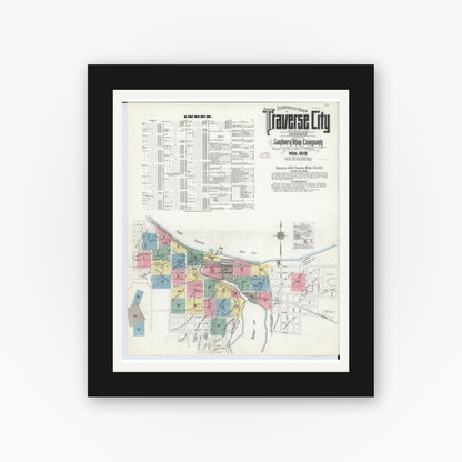Old map wall art mockup — black gallery frame with white mat — Sanborn Fire Insurance Map from Traverse City, Grand Traverse County, Michigan (1910) - Complete Map Set