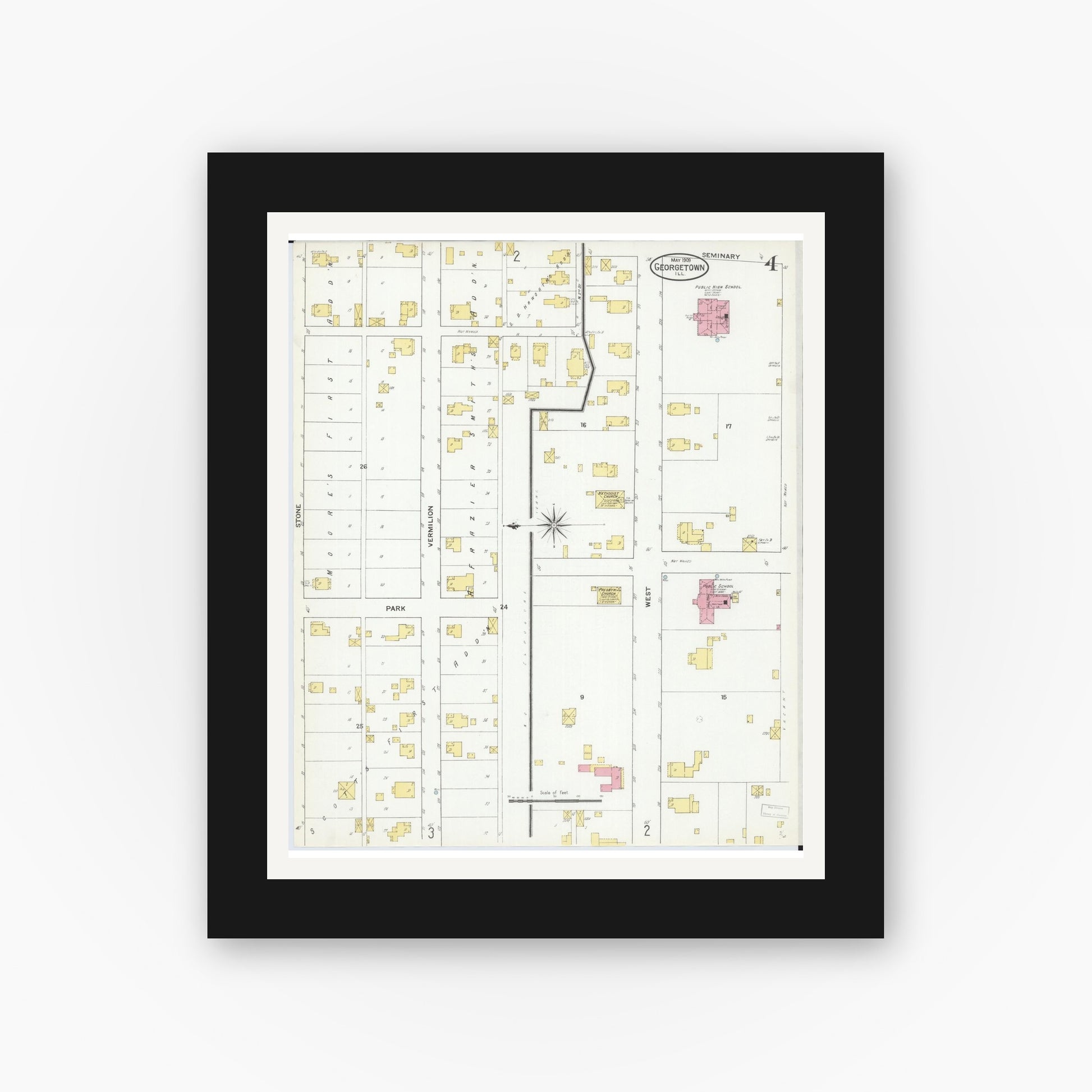 Old map wall art mockup — black gallery frame with white mat — Sanborn Fire Insurance Map from Georgetown, Vermilion County, Illinois (1909), Sheet #0004