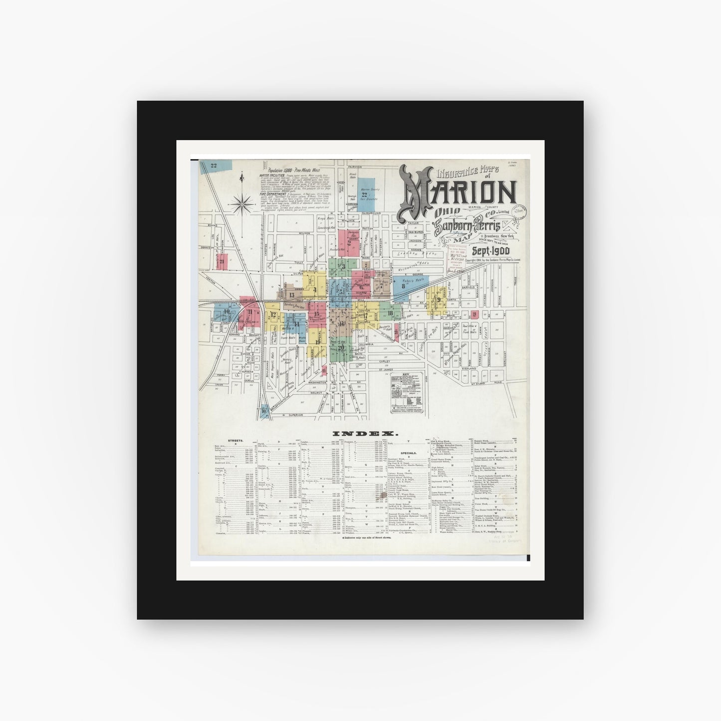 Old map wall art mockup — black gallery frame with white mat — Sanborn Fire Insurance Map from Marion, Marion County, Ohio (1900) - Complete Map Set
