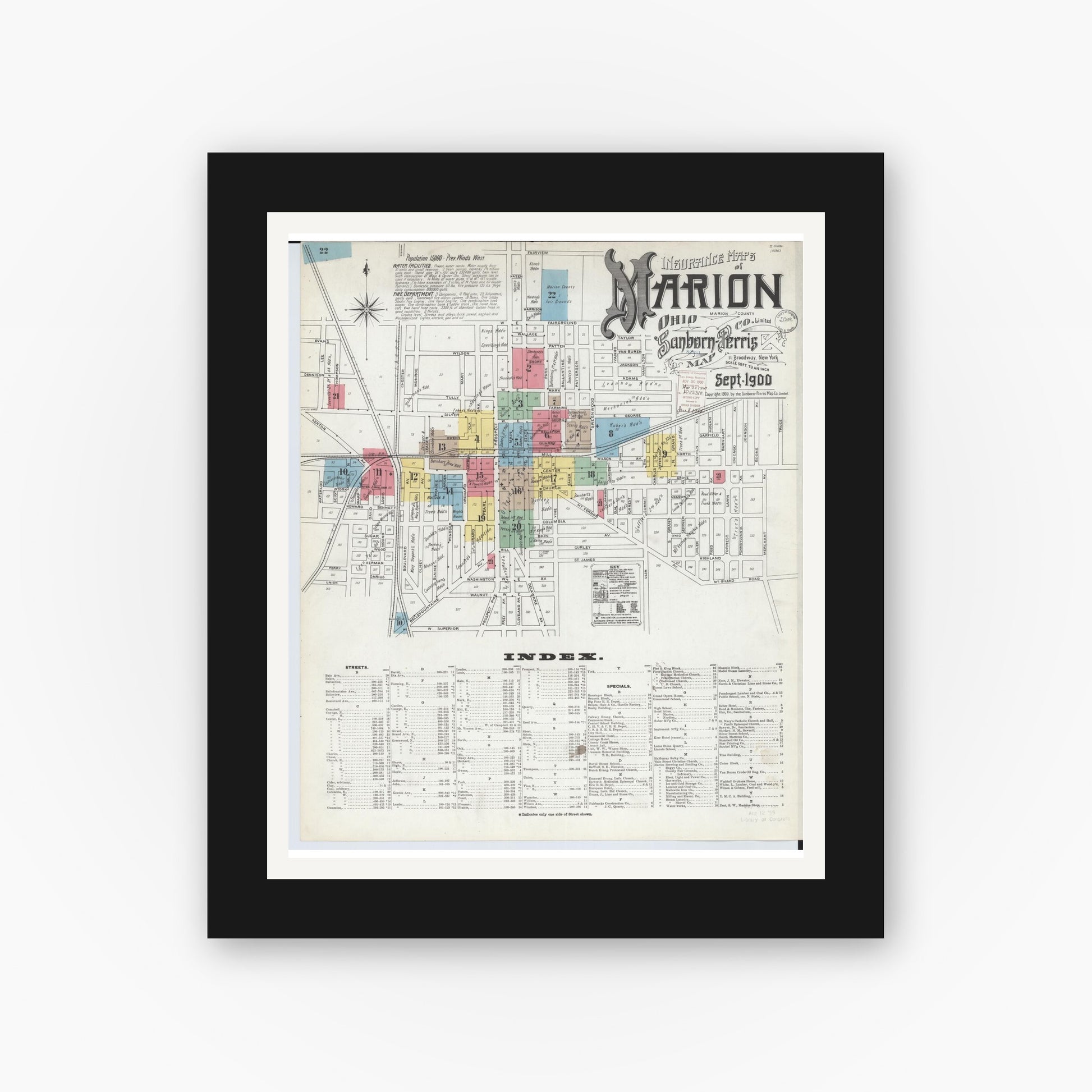 Old map wall art mockup — black gallery frame with white mat — Sanborn Fire Insurance Map from Marion, Marion County, Ohio (1900) - Complete Map Set