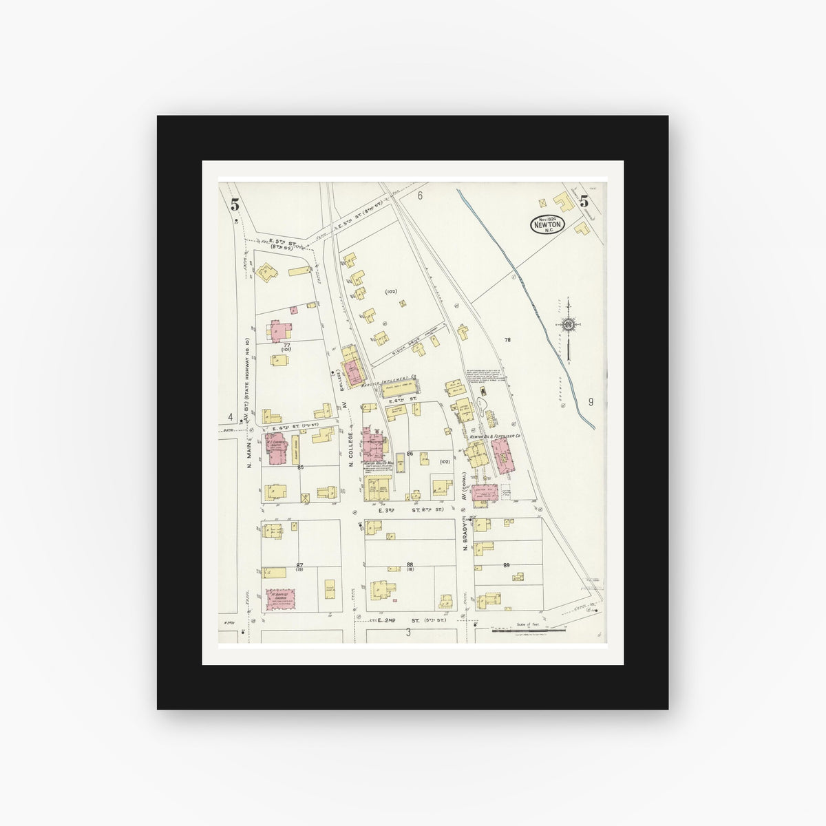 Old map wall art mockup — black gallery frame with white mat — Sanborn Fire Insurance Map from Newton, Catawba County, North Carolina (1924), Sheet #0005