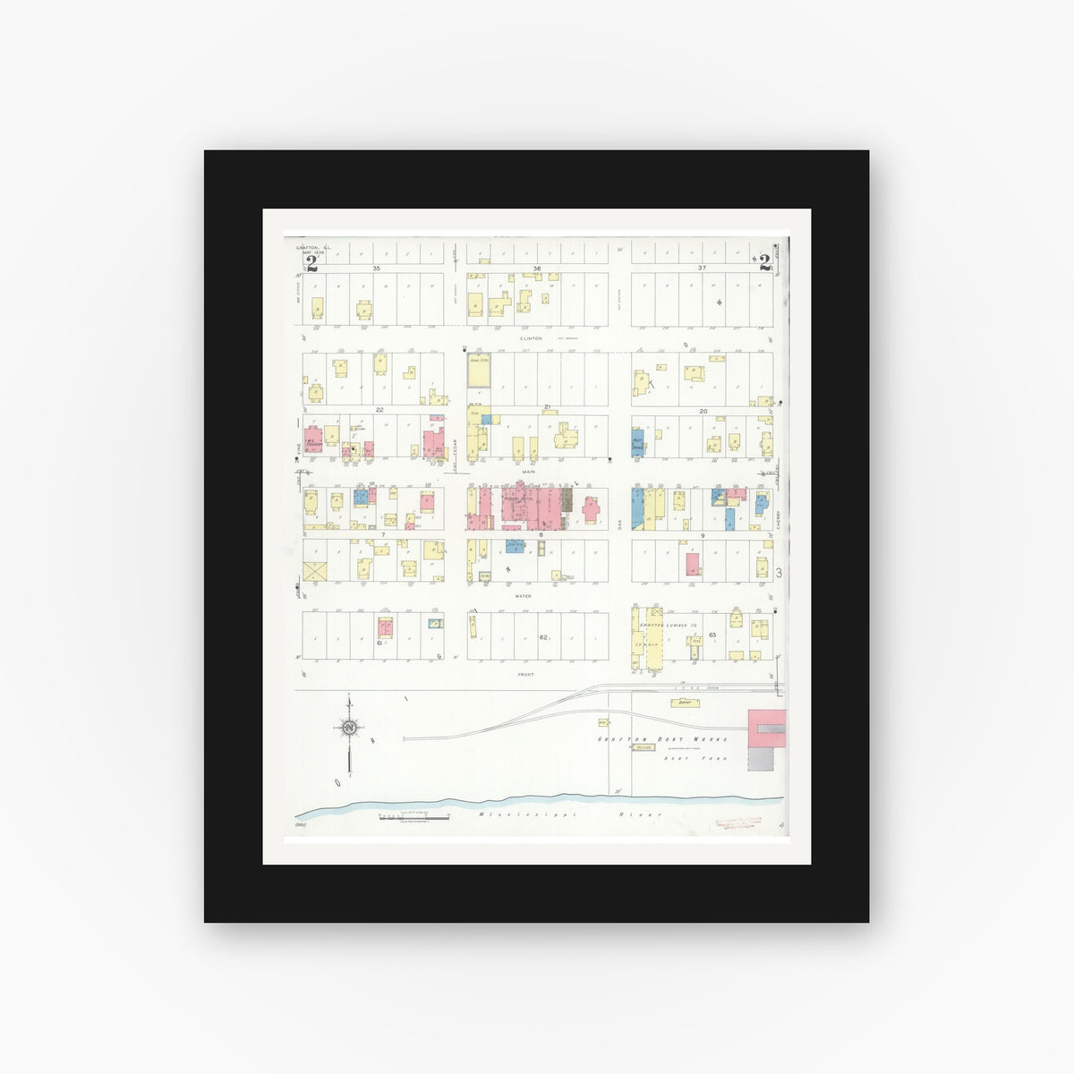 Old map wall art mockup — black gallery frame with white mat — Sanborn Fire Insurance Map from Grafton, Jersey County, Illinois (1936), Sheet #0002