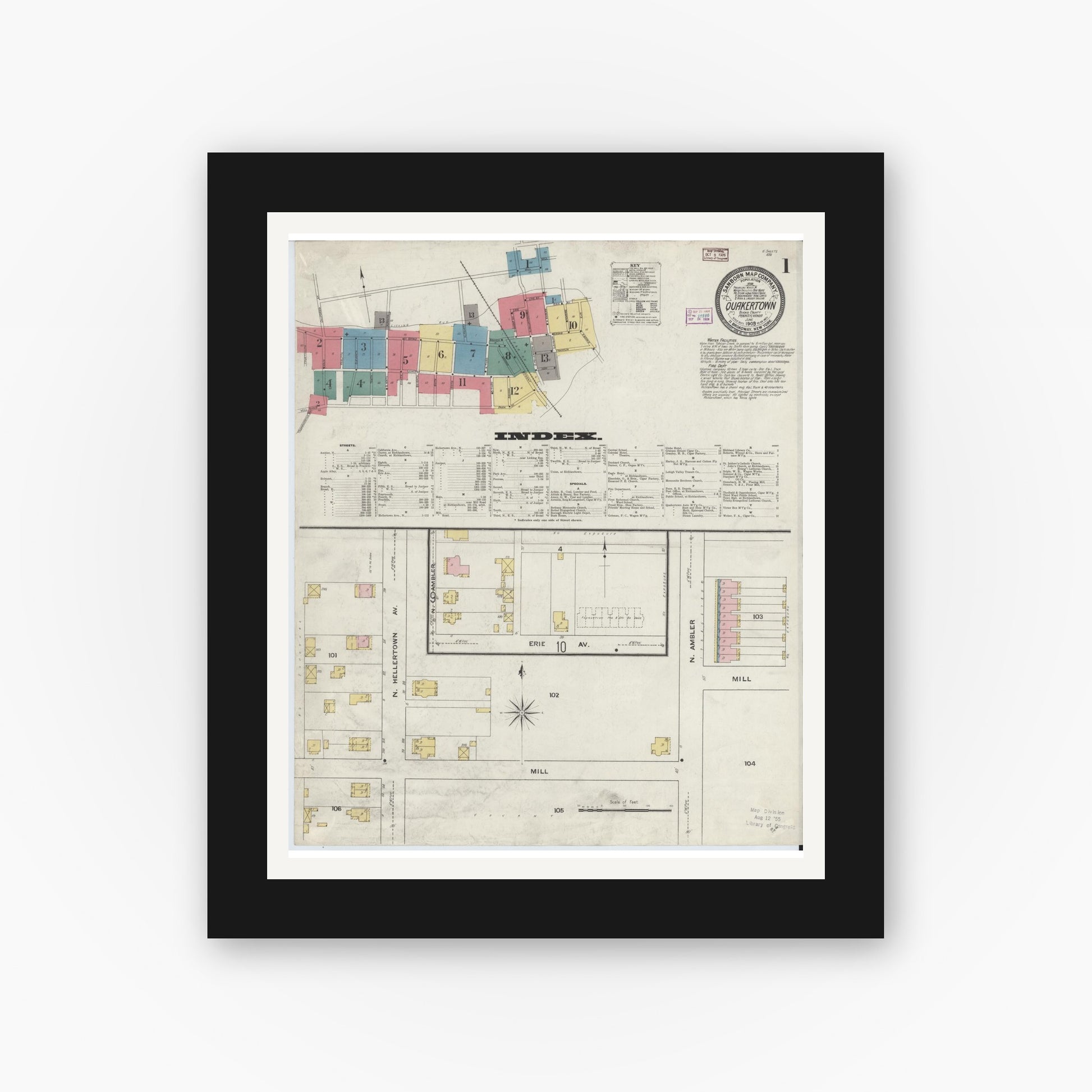 Old map wall art mockup — black gallery frame with white mat — Sanborn Fire Insurance Map from Quakertown, Bucks County, Pennsylvania (1909), Sheet #0001