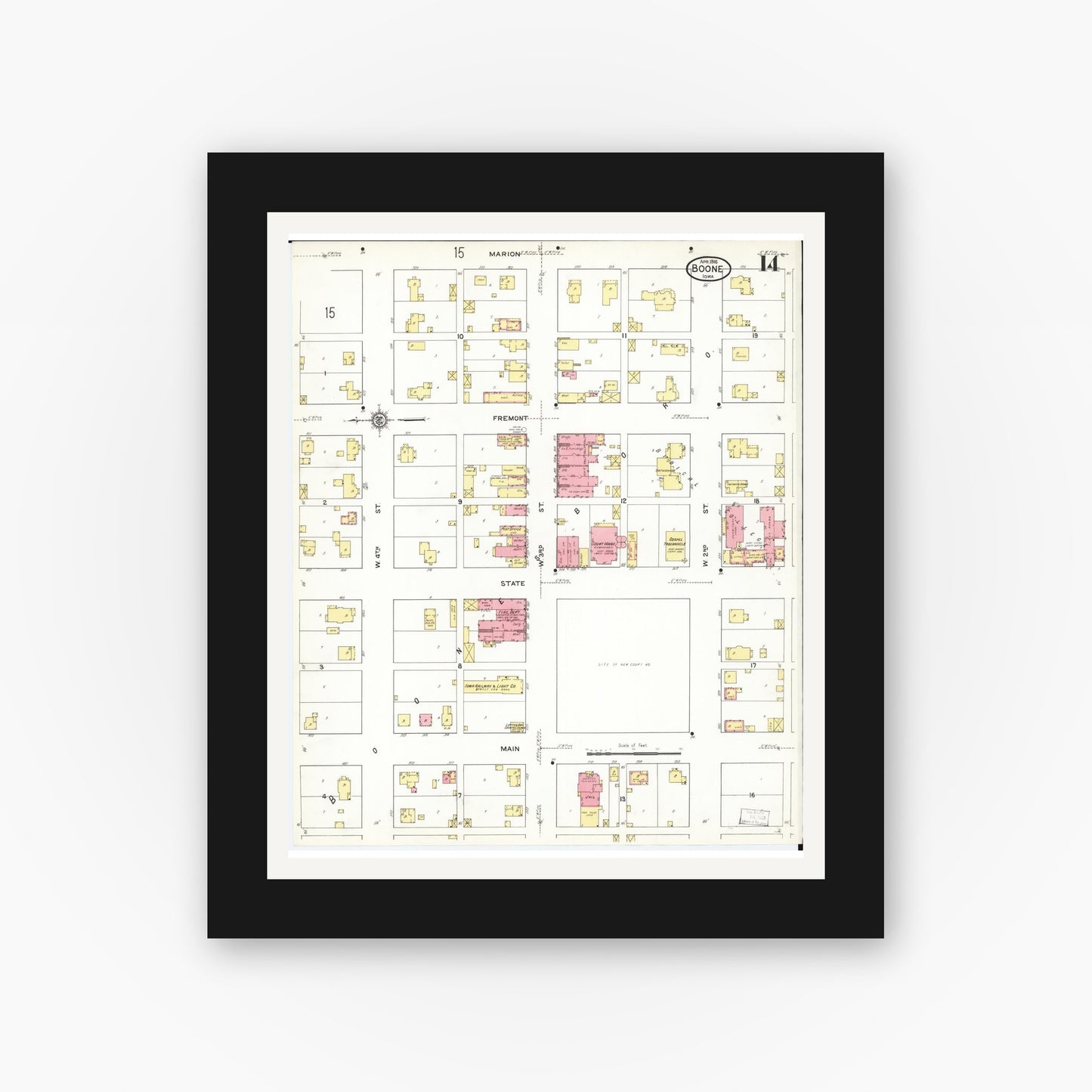 Old map wall art mockup — black gallery frame with white mat — Sanborn Fire Insurance Map from Boone, Boone County, Iowa (1916), Sheet #0014