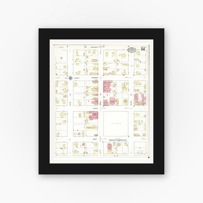 Old map wall art mockup — black gallery frame with white mat — Sanborn Fire Insurance Map from Boone, Boone County, Iowa (1916), Sheet #0014