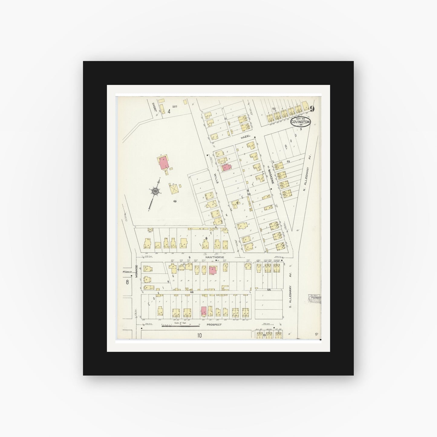 Old map wall art mockup — black gallery frame with white mat — Sanborn Fire Insurance Map from Covington, Independent Cities, Virginia (1913), Sheet #0009