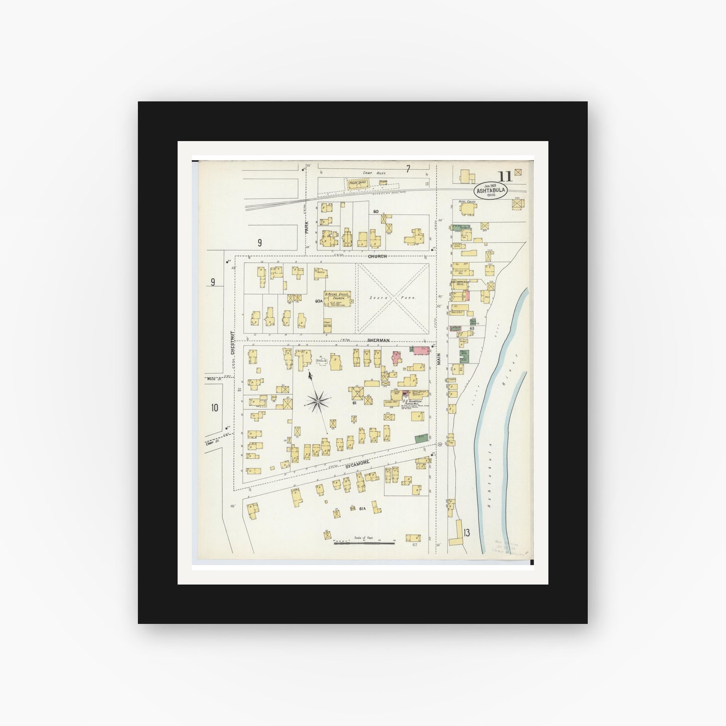 Old map wall art mockup — black gallery frame with white mat — Sanborn Fire Insurance Map from Ashtabula, Ashtabula County, Ohio (1903), Sheet #0011