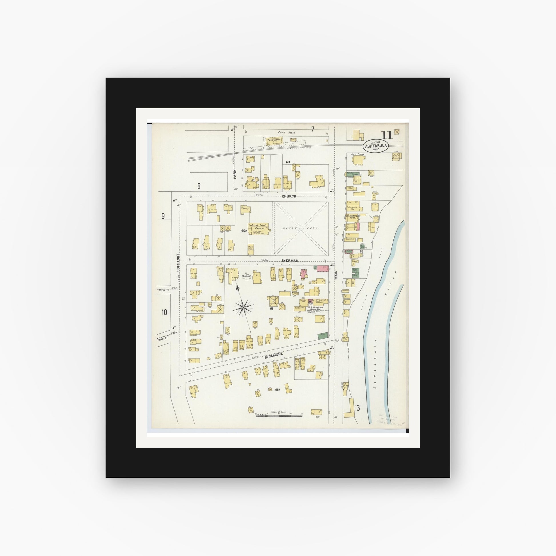 Old map wall art mockup — black gallery frame with white mat — Sanborn Fire Insurance Map from Ashtabula, Ashtabula County, Ohio (1903), Sheet #0011