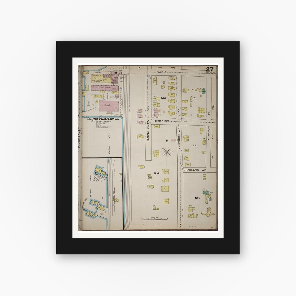 Old map wall art mockup — black gallery frame with white mat — Sanborn Fire Insurance Map from Yonkers, Westchester County, New York (1886), Sheet #0027