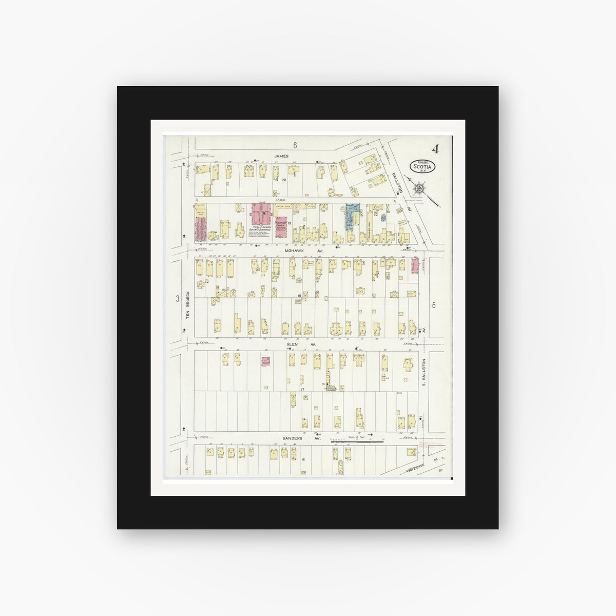 Old map wall art mockup — black gallery frame with white mat — Sanborn Fire Insurance Map from Scotia, Schenectady County, New York (1914), Sheet #0004