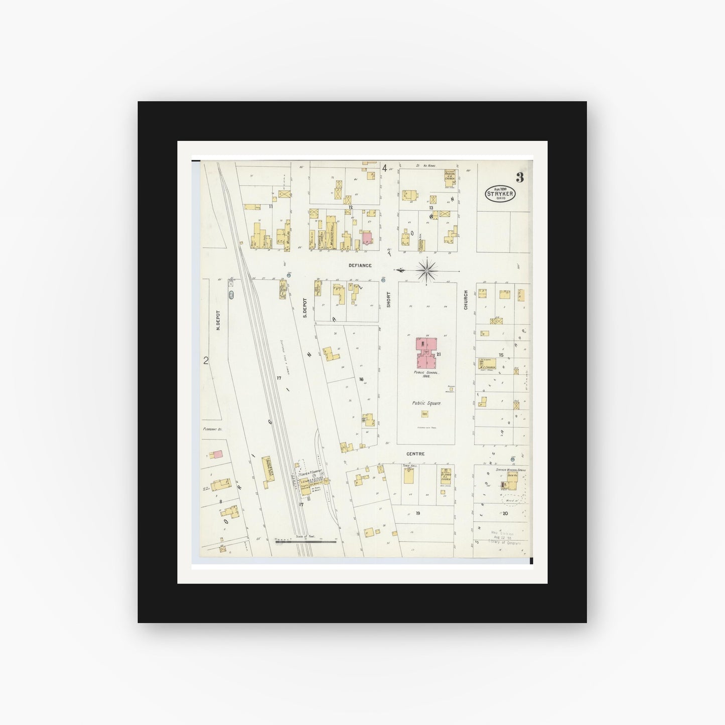 Old map wall art mockup — black gallery frame with white mat — Sanborn Fire Insurance Map from Stryker, Williams County, Ohio (1899), Sheet #0003