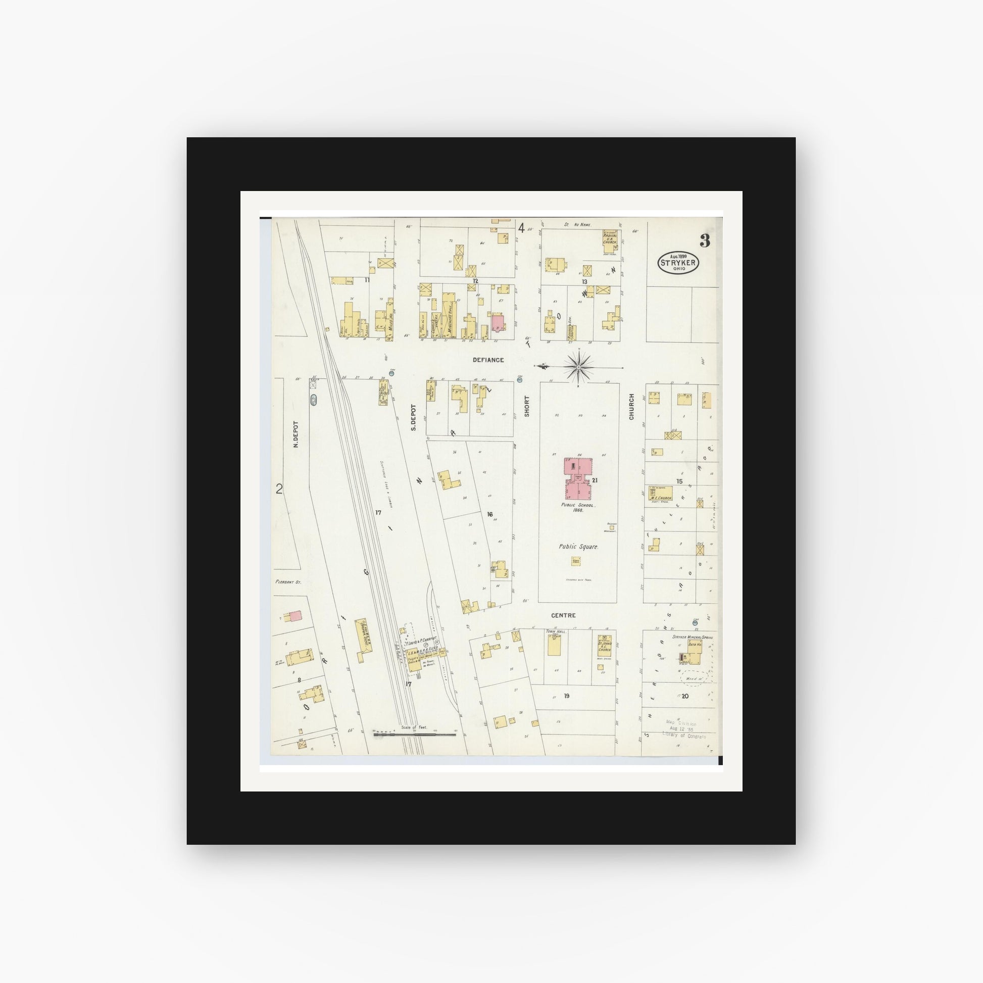 Old map wall art mockup — black gallery frame with white mat — Sanborn Fire Insurance Map from Stryker, Williams County, Ohio (1899), Sheet #0003