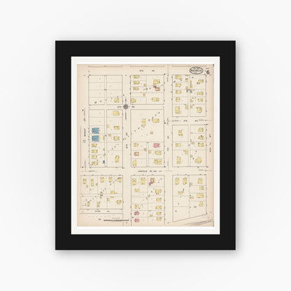 Old map wall art mockup — black gallery frame with white mat — Sanborn Fire Insurance Map from Rochelle, Ogle County, Illinois (1922), Sheet #0006