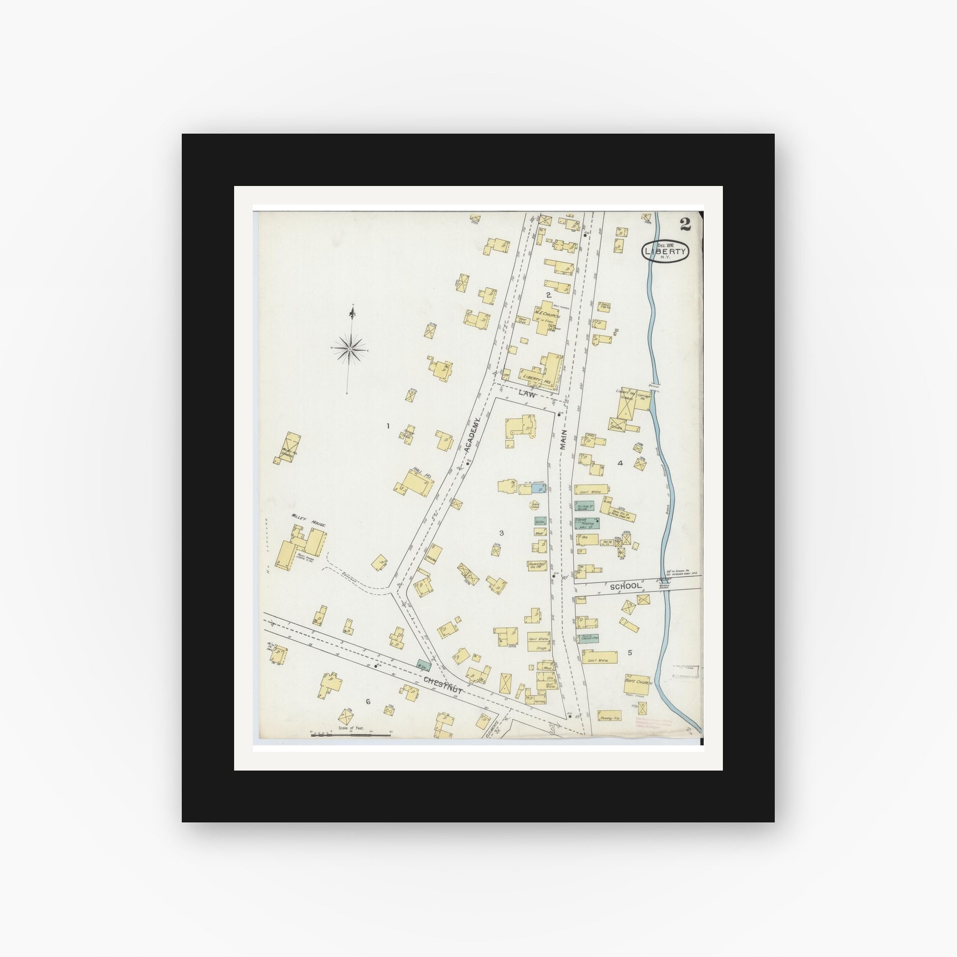 Old map wall art mockup — black gallery frame with white mat — Sanborn Fire Insurance Map from Liberty, Sullivan County, New York (1892), Sheet #0002
