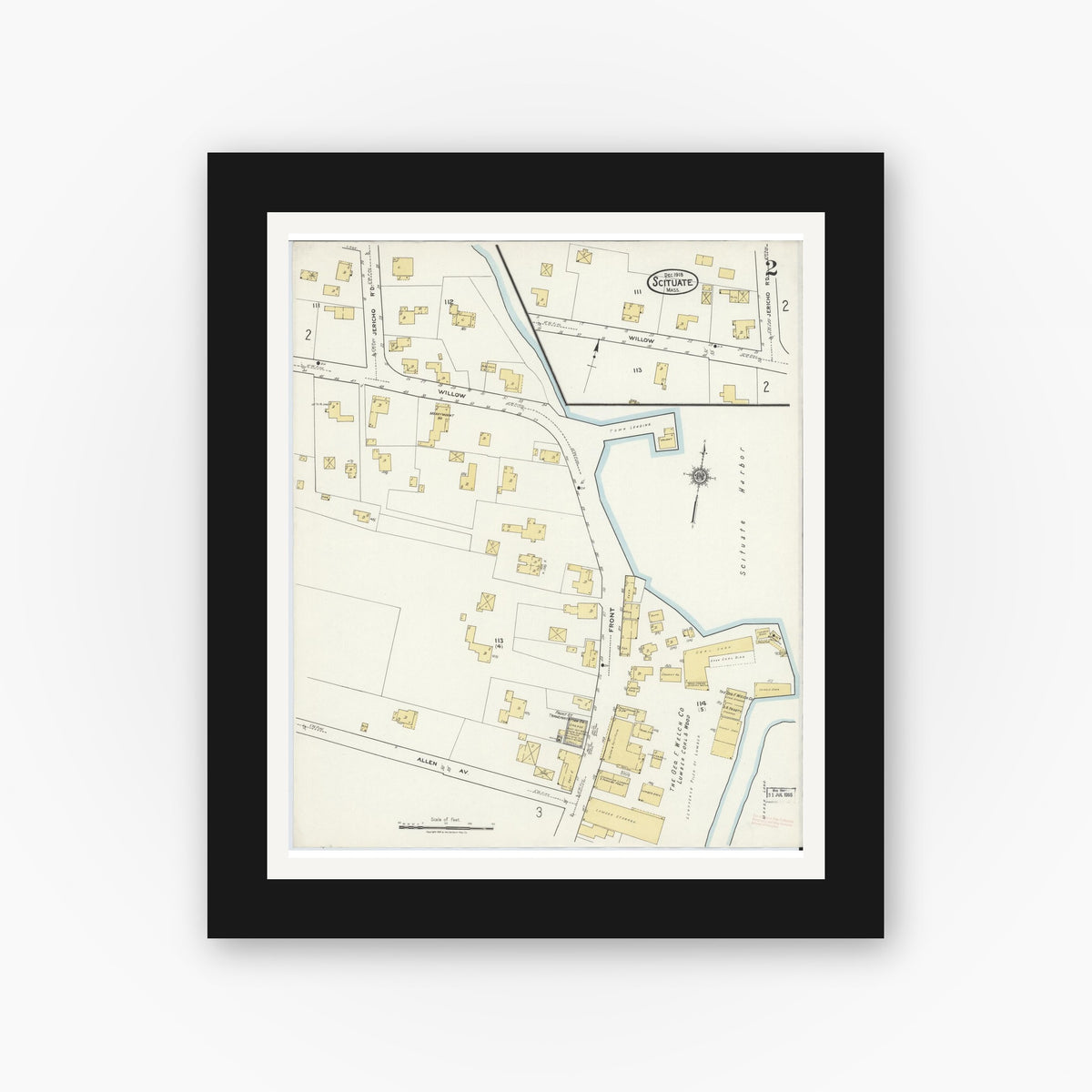 Old map wall art mockup — black gallery frame with white mat — Sanborn Fire Insurance Map from Scituate, Plymouth County, Massachusetts (1918), Sheet #0002