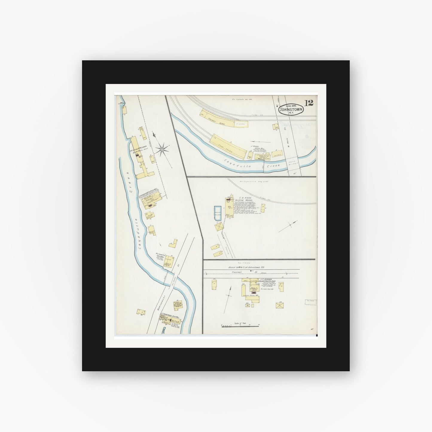 Old map wall art mockup — black gallery frame with white mat — Sanborn Fire Insurance Map from Johnstown, Fulton County, New York (1892), Sheet #0012