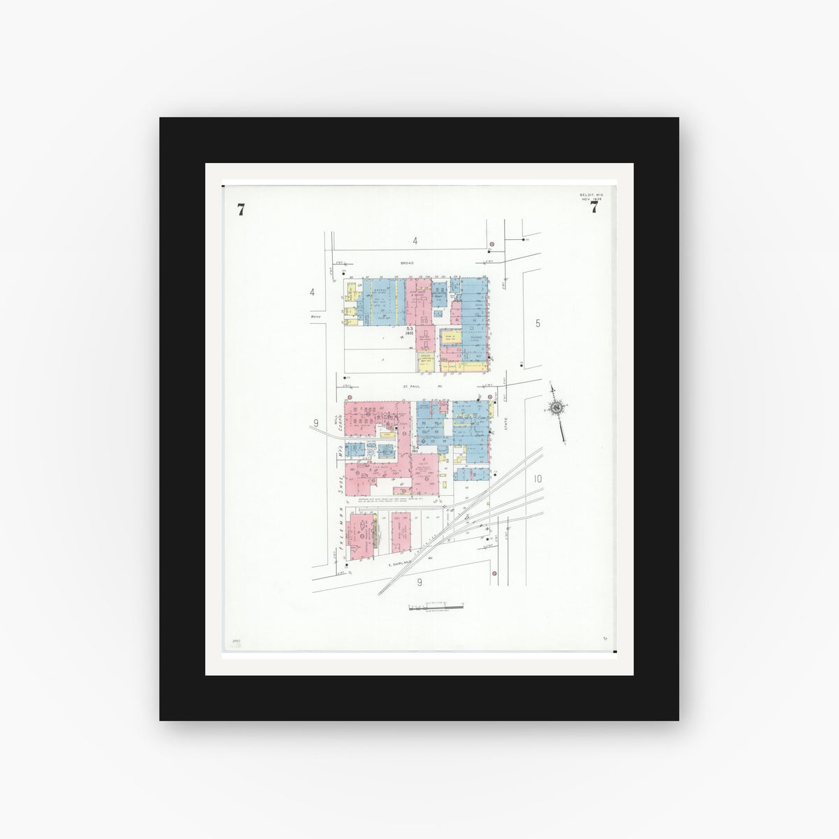 Old map wall art mockup — black gallery frame with white mat — Sanborn Fire Insurance Map from Beloit, Rock County, Wisconsin (1939), Sheet #0007