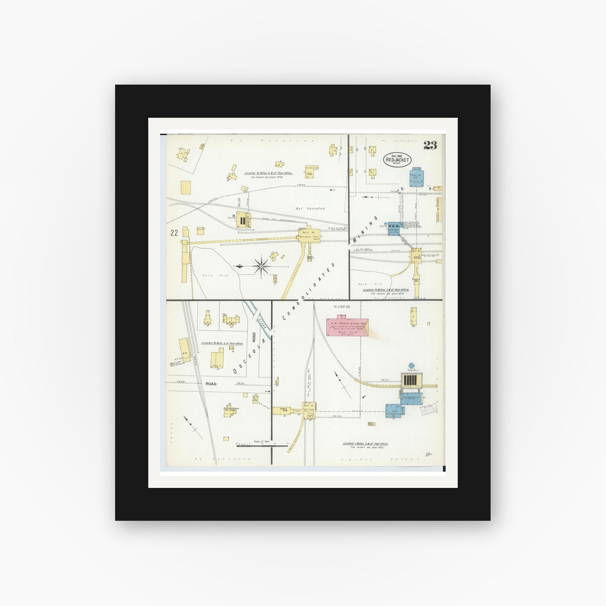 Old map wall art mockup — black gallery frame with white mat — Sanborn Fire Insurance Map from Red Jacket, Houghton County, Michigan (1908), Sheet #0023