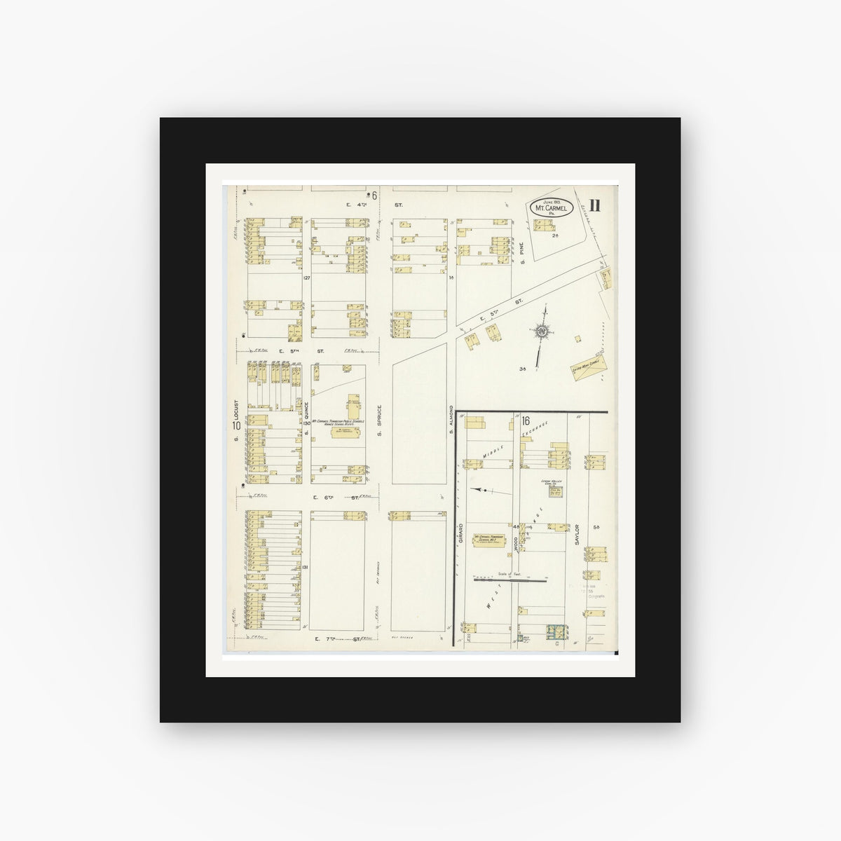 Old map wall art mockup — black gallery frame with white mat — Sanborn Fire Insurance Map from Mount Carmel, Northumberland County, Pennsylvania (1913), Sheet #0011