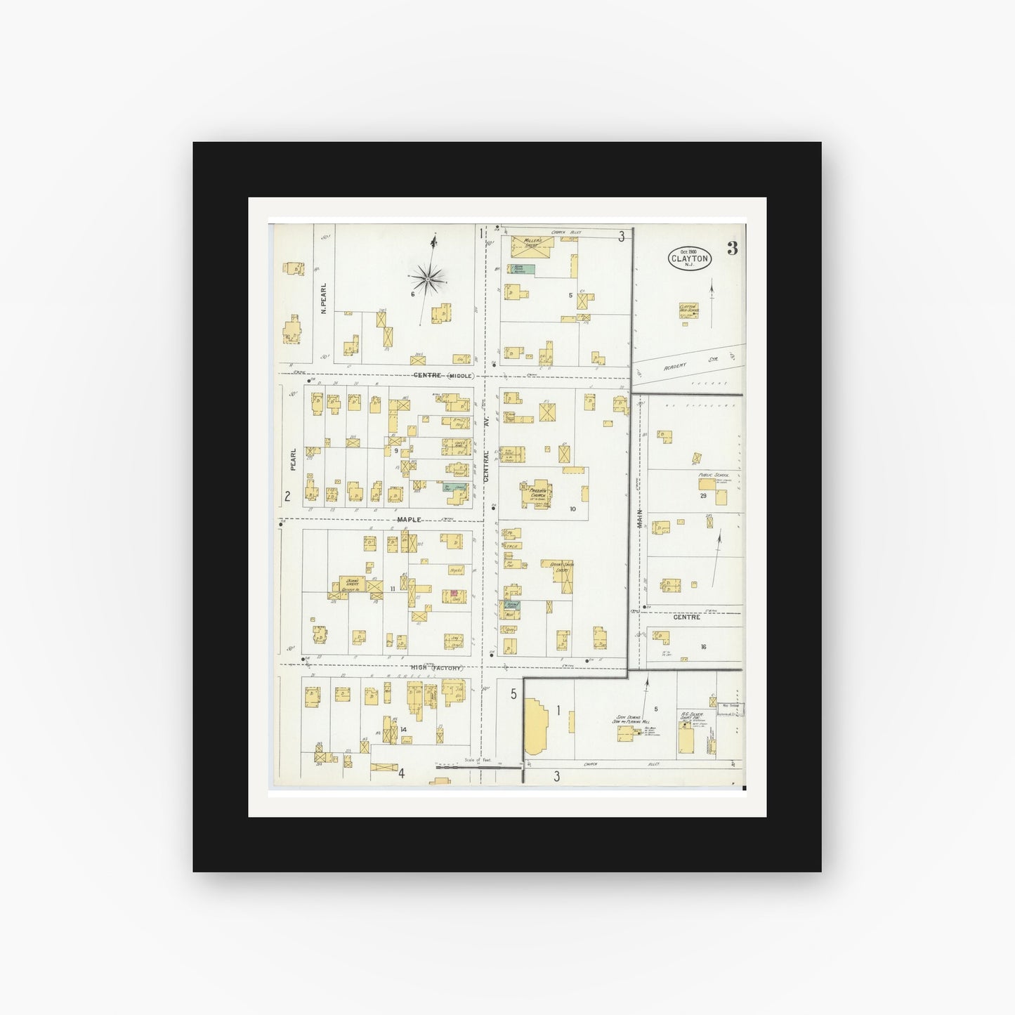 Old map wall art mockup — black gallery frame with white mat — Sanborn Fire Insurance Map from Clayton, Gloucester County, New Jersey (1900), Sheet #0003