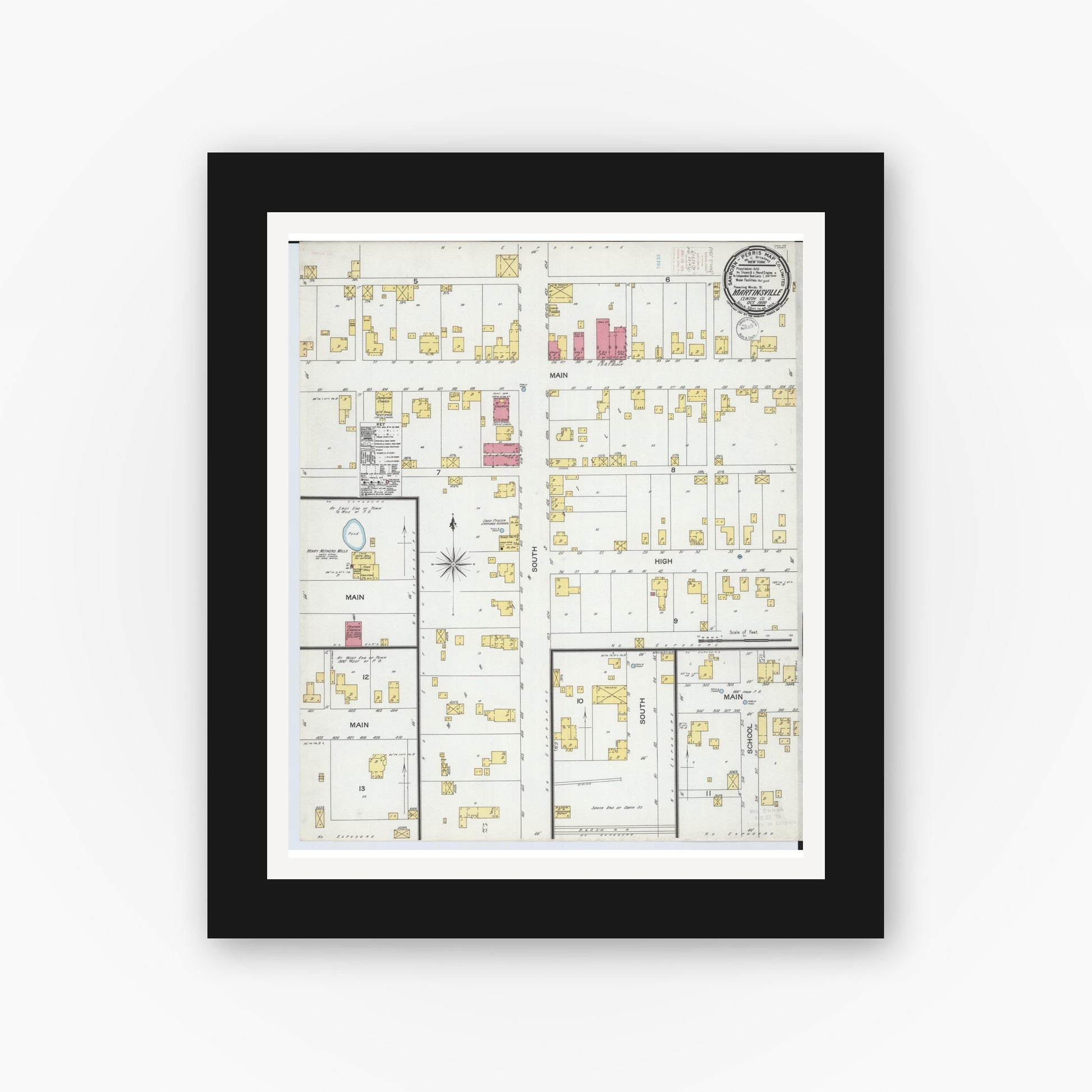 Old map wall art mockup — black gallery frame with white mat — Sanborn Fire Insurance Map from Martinsville, Clinton County, Ohio (1900), Sheet #0001