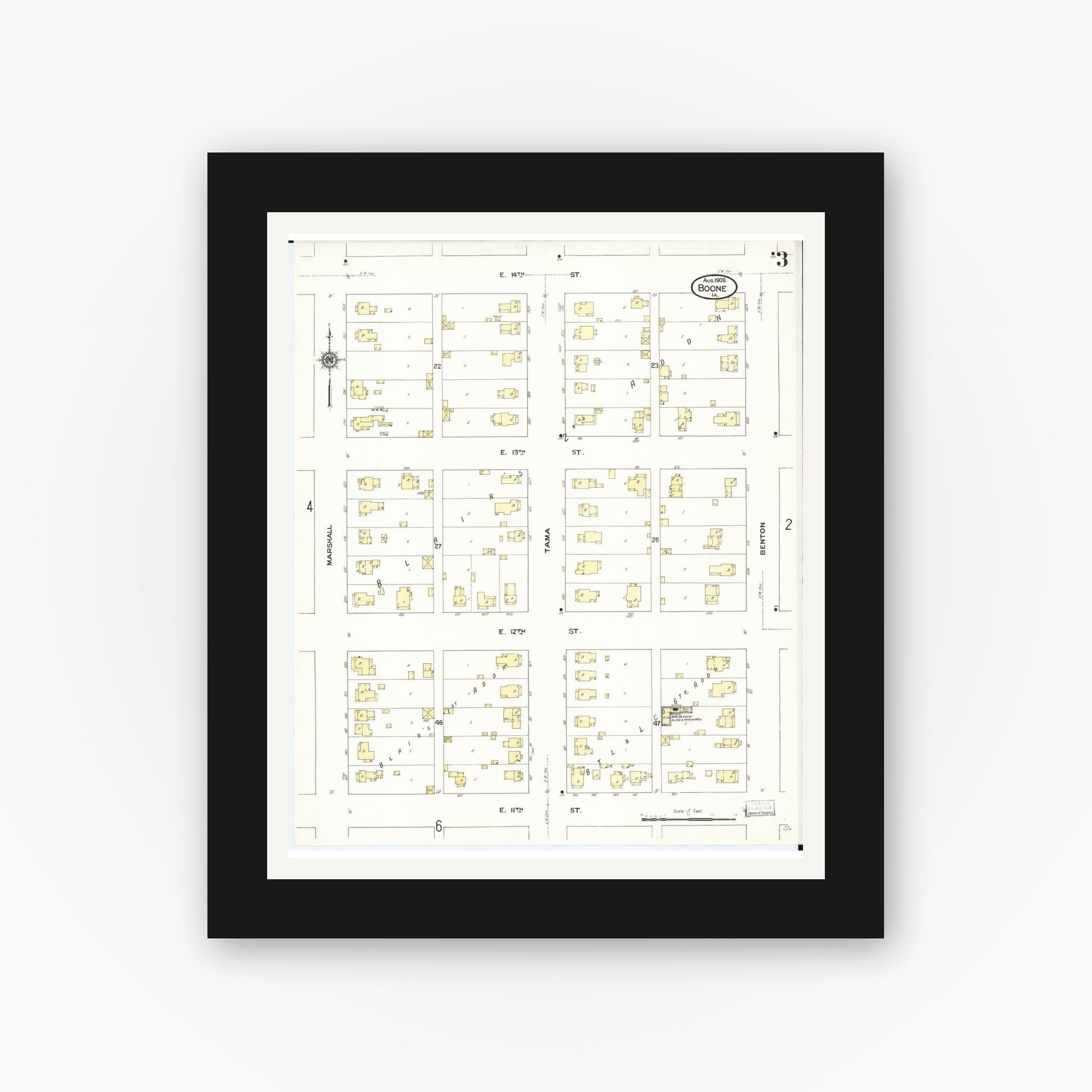 Old map wall art mockup — black gallery frame with white mat — Sanborn Fire Insurance Map from Boone, Boone County, Iowa (1909), Sheet #0003