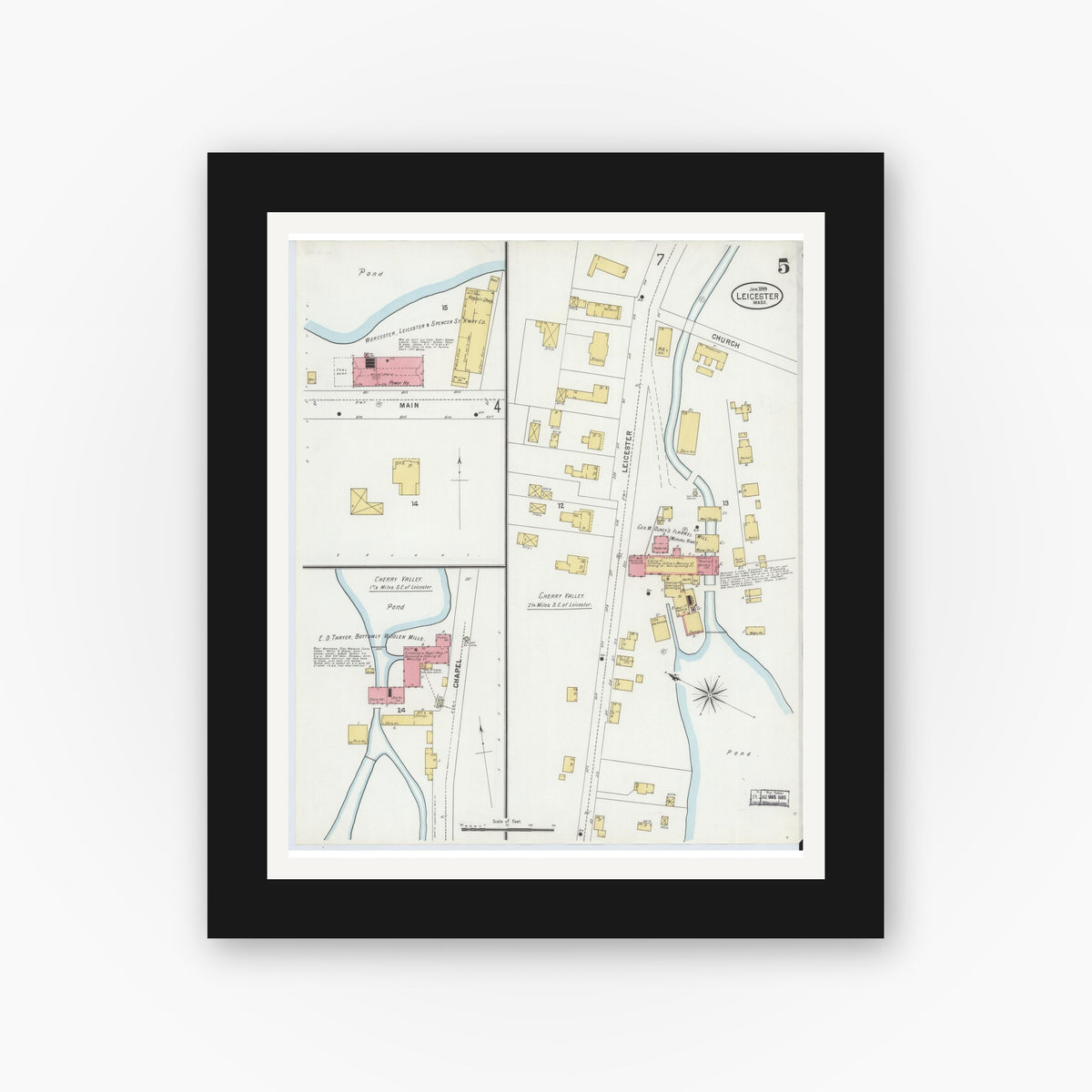 Old map wall art mockup — black gallery frame with white mat — Sanborn Fire Insurance Map from Leicester, Worcester County, Massachusetts (1889), Sheet #0005