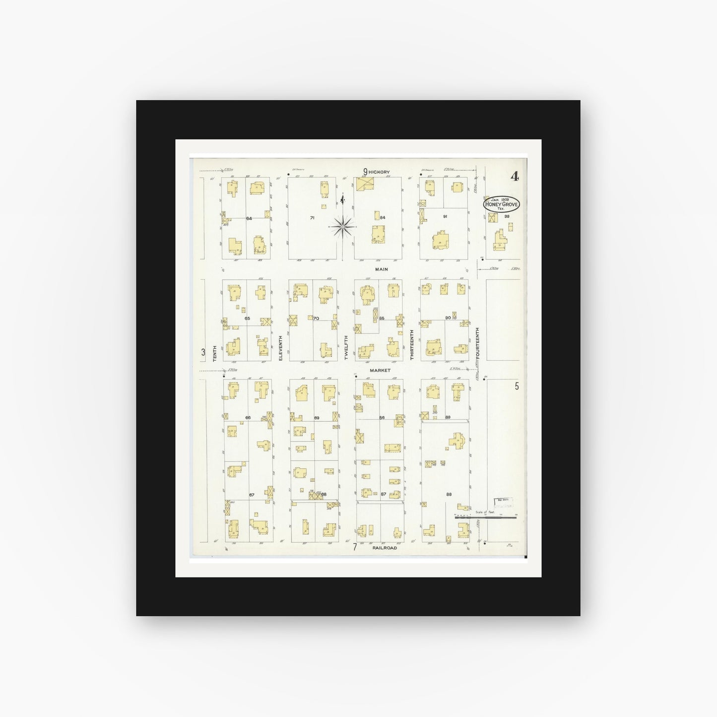 Old map wall art mockup — black gallery frame with white mat — Sanborn Fire Insurance Map from Honey Grove, Fannin County, Texas (1909), Sheet #0004