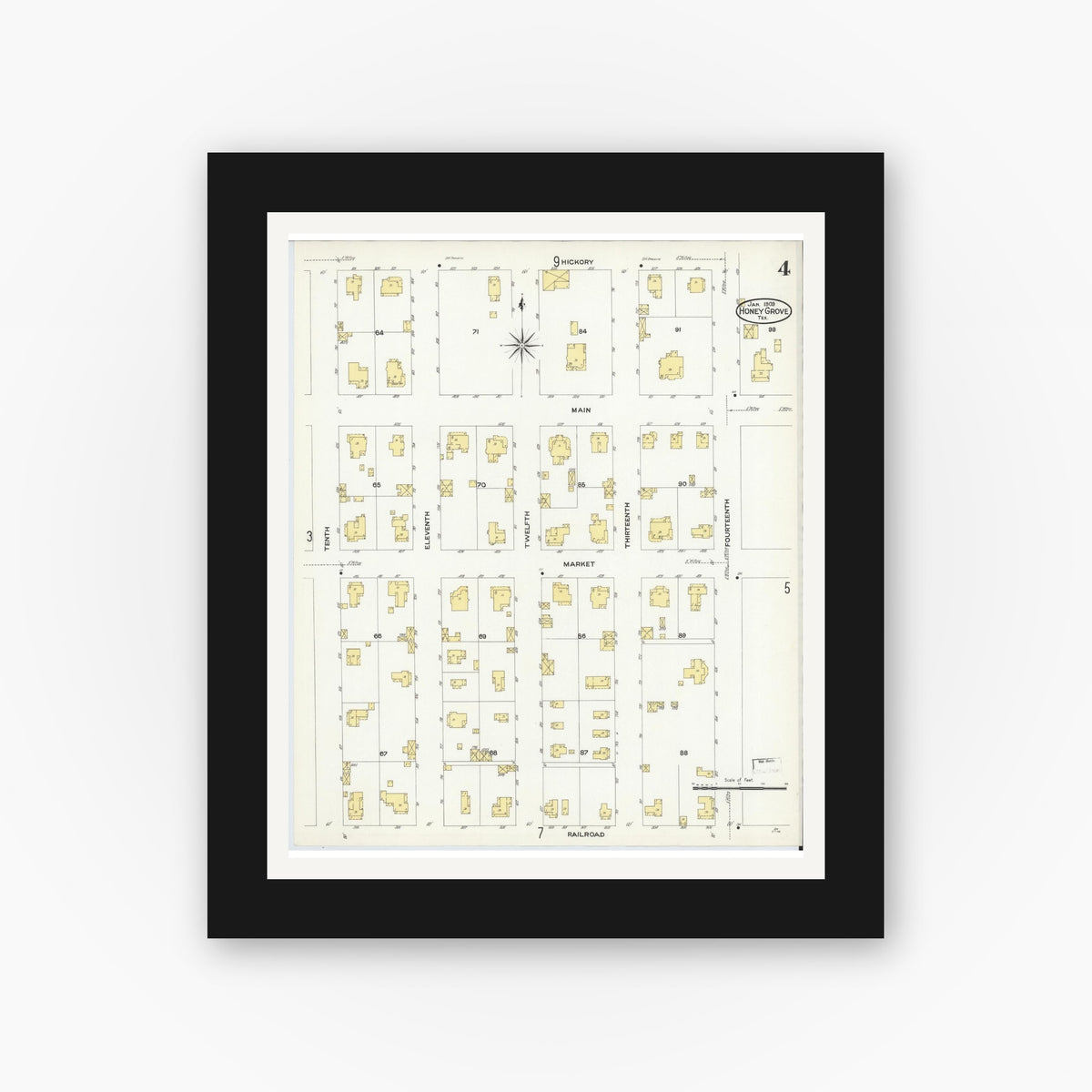 Old map wall art mockup — black gallery frame with white mat — Sanborn Fire Insurance Map from Honey Grove, Fannin County, Texas (1909), Sheet #0004