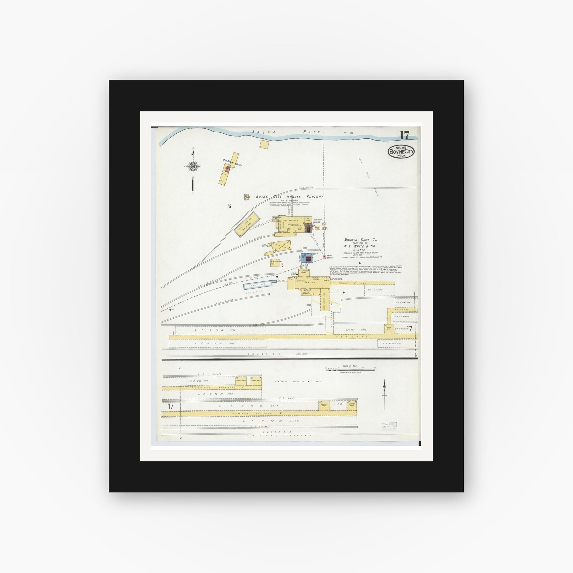Old map wall art mockup — black gallery frame with white mat — Sanborn Fire Insurance Map from Boyne City, Charlevoix County, Michigan (1919), Sheet #0017