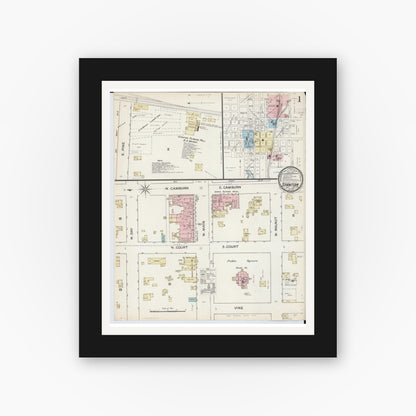 Old map wall art mockup — black gallery frame with white mat — Sanborn Fire Insurance Map from Stanton, Montcalm County, Michigan (1887), Sheet #0001