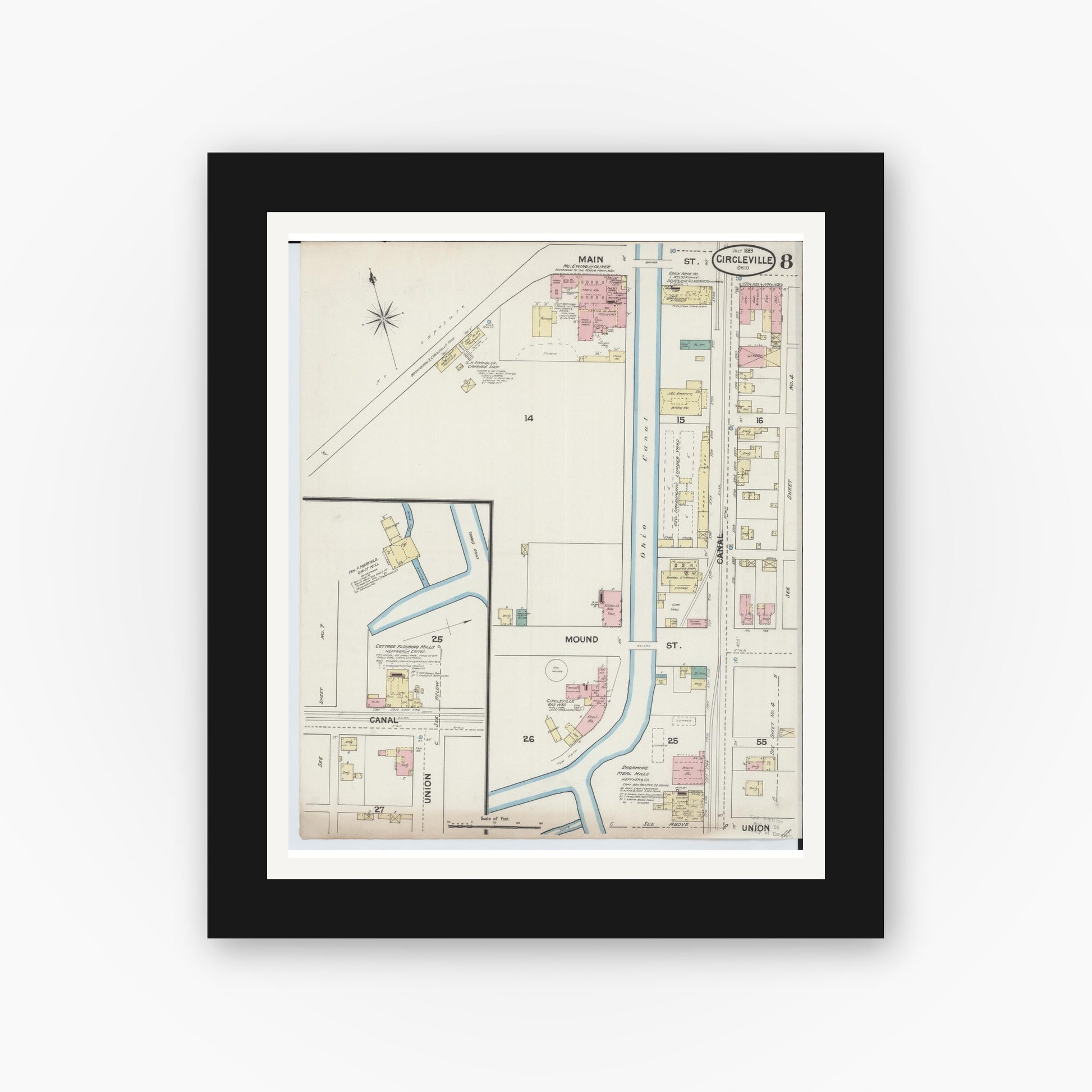 Old map wall art mockup — black gallery frame with white mat — Sanborn Fire Insurance Map from Circleville, Pickaway County, Ohio (1889), Sheet #0008