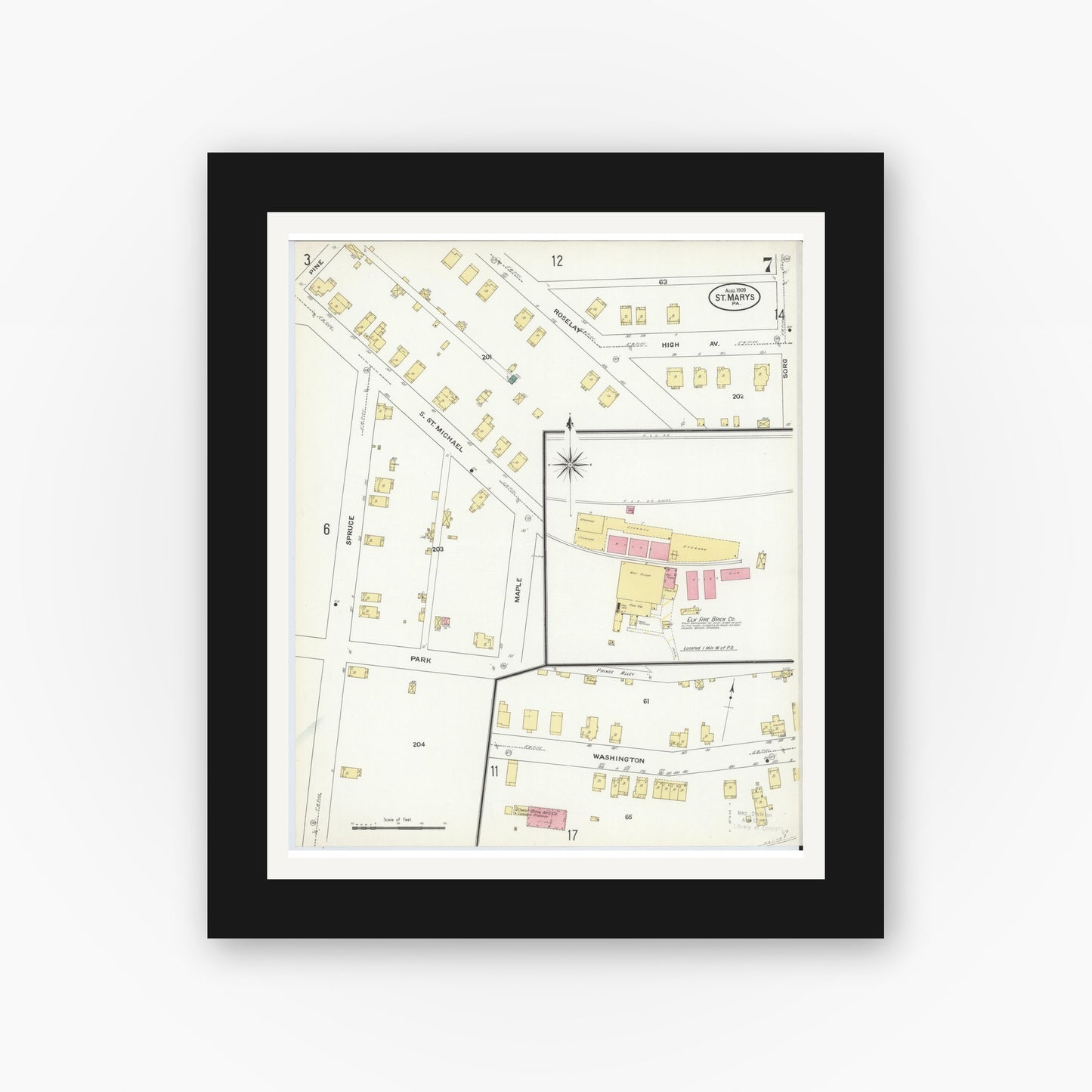 Old map wall art mockup — black gallery frame with white mat — Sanborn Fire Insurance Map from Saint Marys, Elk County, Pennsylvania (1909), Sheet #0007