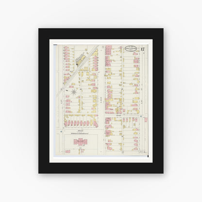 Old map wall art mockup — black gallery frame with white mat — Sanborn Fire Insurance Map from Chillicothe, Ross County, Ohio (1895), Sheet #0017