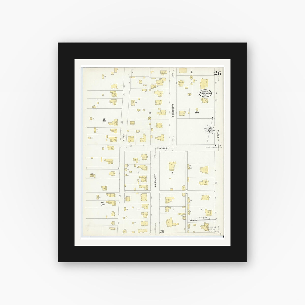 Old map wall art mockup — black gallery frame with white mat — Sanborn Fire Insurance Map from Sherman, Grayson County, Texas (1908), Sheet #0026